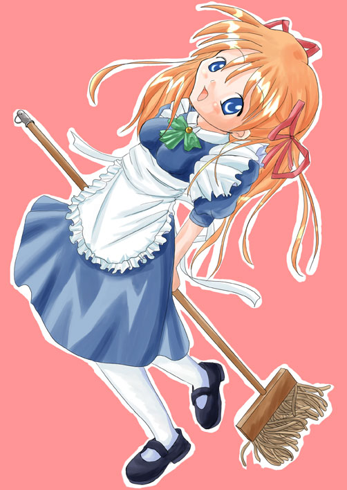 yaki, sawatari makoto, kanon, apron, blue eyes, dress, long hair, maid, maid apron, mop, orange hair, pantyhose, solo, twintails, white pantyhose