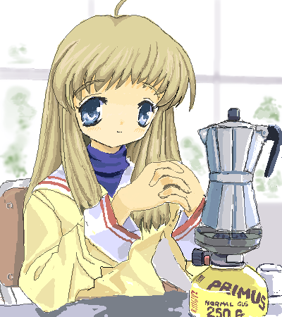 toshi (little-fluffy-cloud), miyazawa yukine, clannad, lowres, 00s, blue eyes, brown hair, long hair, oekaki, school uniform, solo, stove, thermos
