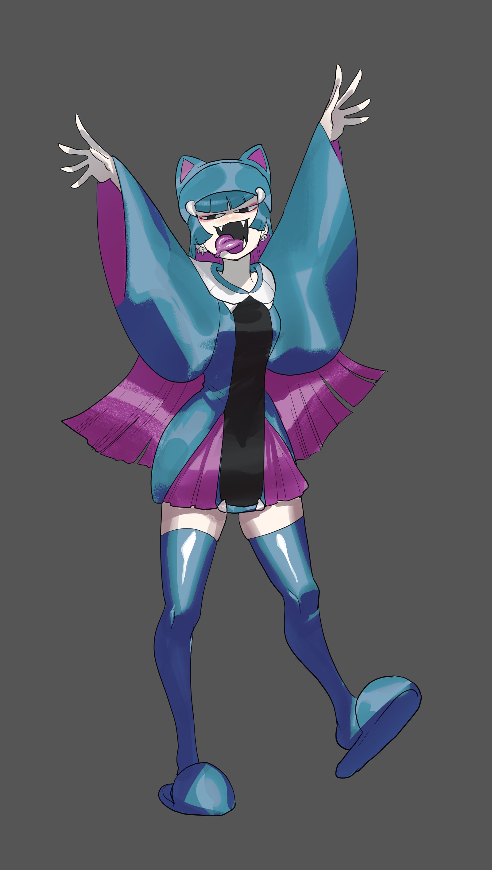 dancho no mori, golbat, nintendo, pokemon, absurdres, highres, 1girl, :d, arms up, black eyes, blue hair, blue slippers, blue thighhighs, colored inner hair, colored tongue, earrings, fangs, foot up, full body, gen 1 pokemon, grey background, jewelry, long hair, long sleeves, miniskirt, multicolored hair, open mouth, personification, purple hair, purple skirt, purple tongue, simple background, skirt, slippers, smile, solo, standing, standing on one leg, thighhighs, tongue, tongue out, two-tone hair, wide sleeves, zettai ryouiki