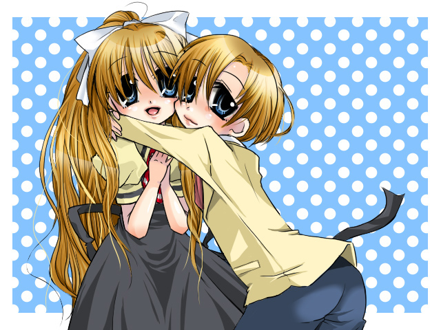 yorumori chiyo, kamio misuzu, sunohara youhei, air (visual novel), clannad, 00s, blonde hair, blue eyes, crossover, hug, long hair, ponytail, school uniform, short hair