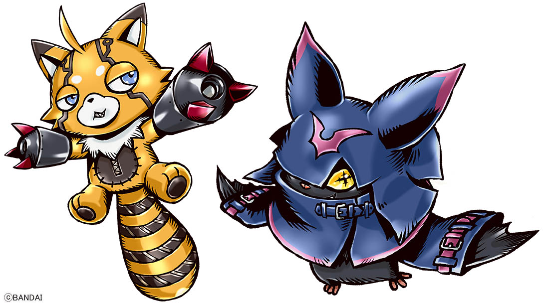 digimon, digimon beatbreak, official art, bat (animal), blue eyes, cross-shaped pupils, digimon (creature), full body, hooded shrug, raccoon, shrug (clothing), simple background, stuffed toy, symbol-shaped pupils, white background, yellow eyes