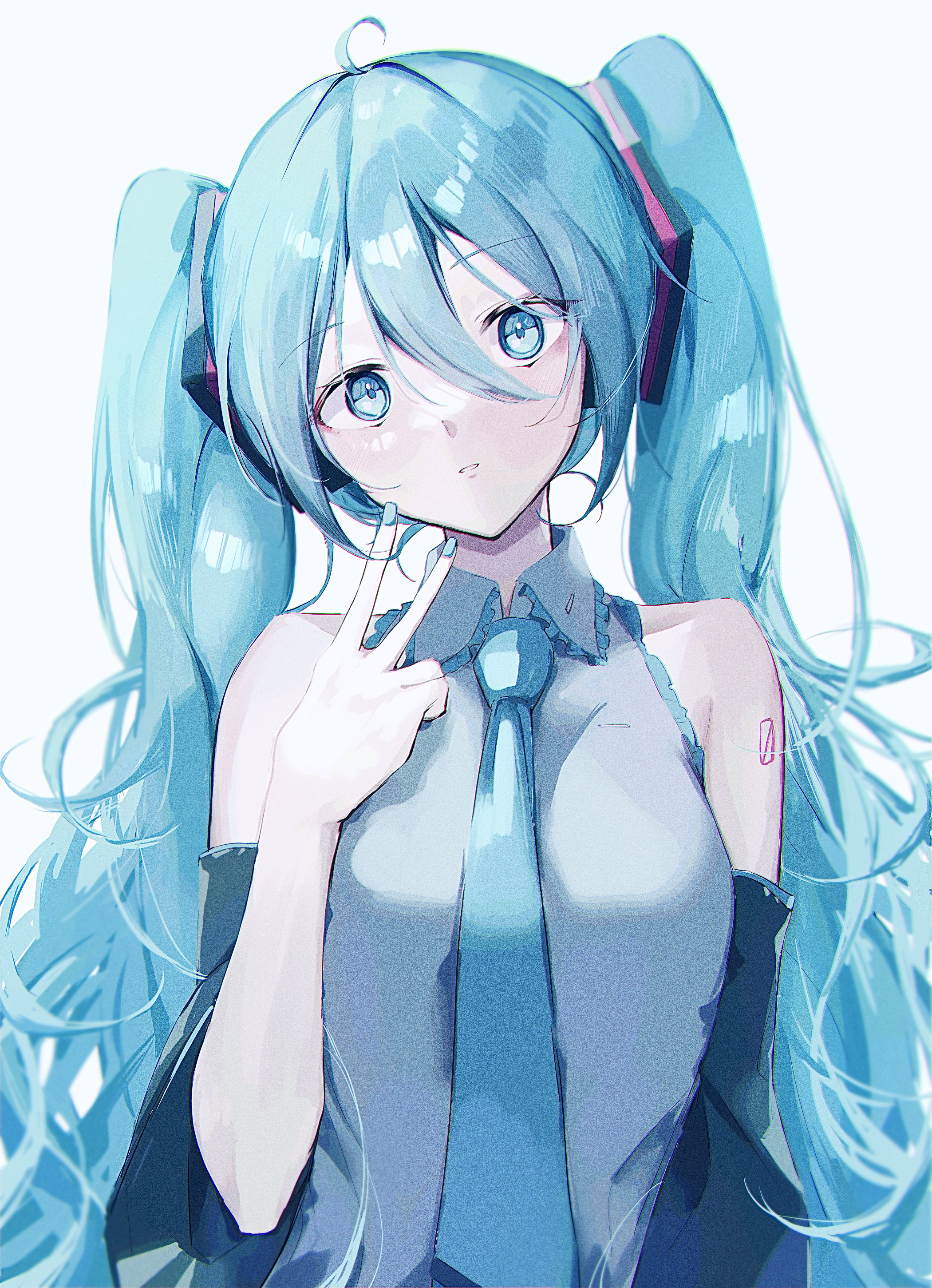 saksak mocchiri, hatsune miku, vocaloid, absurdres, highres, 1girl, ahoge, arm up, bare shoulders, black sleeves, blue eyes, blue hair, blue nails, blue necktie, collared shirt, detached sleeves, grey shirt, hair between eyes, head tilt, headset, inward v, long hair, long sleeves, looking at viewer, necktie, number tattoo, parted lips, shirt, shoulder tattoo, simple background, solo, tattoo, twintails, upper body, v, very long hair, white background