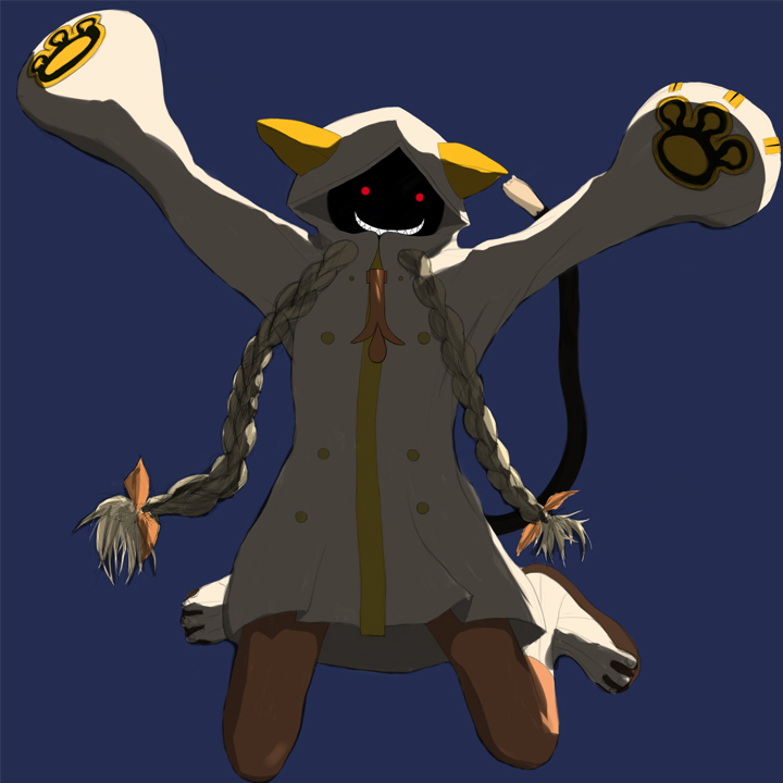 koyo, taokaka, arc system works, blazblue, 1girl, animal ears, blue background, braid, cat ears, evil grin, evil smile, female focus, full body, glowing, glowing eyes, grin, outstretched arms, red eyes, shaded face, simple background, smile, solo