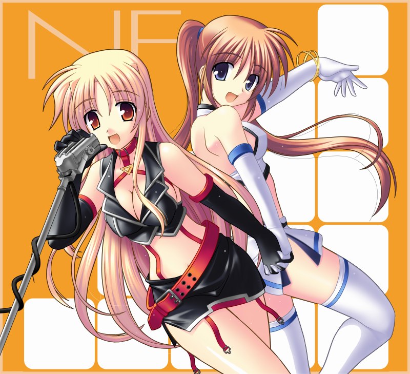 kitamiya genbu, fate testarossa, takamachi nanoha, lyrical nanoha, mahou shoujo lyrical nanoha, mahou shoujo lyrical nanoha strikers, 00s, 2girls, adapted costume, back-to-back, belt, blonde hair, blue eyes, breasts, brown hair, cleavage, elbow gloves, gloves, holding hands, idol, large breasts, long hair, medium breasts, microphone, microphone stand, miniskirt, multiple girls, purple eyes, red eyes, side ponytail, skirt, thighhighs, twintails, very long hair