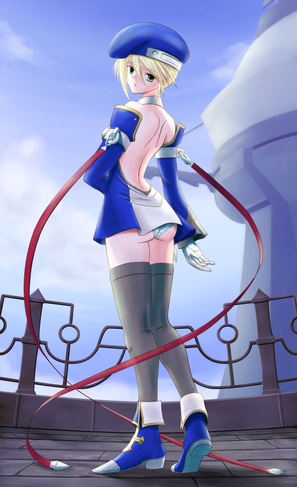 ryu-akt, noel vermillion, arc system works, blazblue, 1girl, ass, back, beret, blonde hair, blue boots, boots, detached sleeves, dress, female focus, gloves, green eyes, hat, panties, short dress, solo, thighhighs, underwear