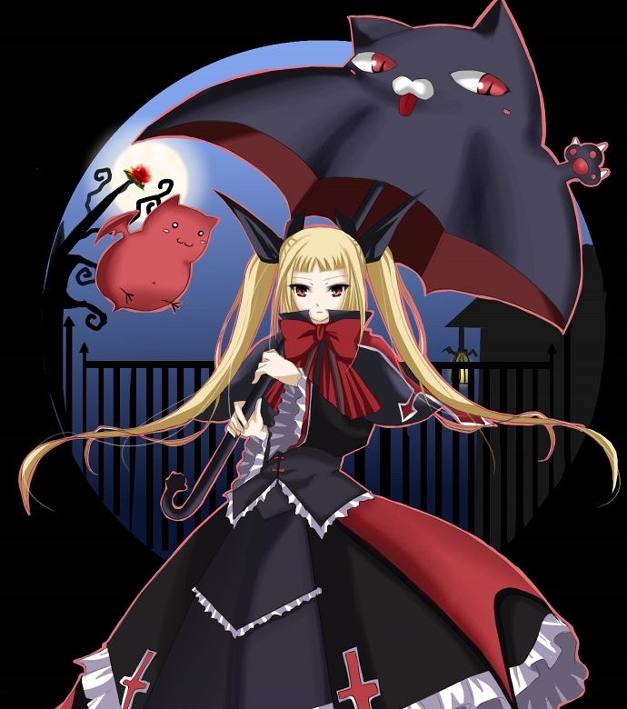 shii (niku-9), shii (pixiv), gii, nago, rachel alucard, arc system works, blazblue, bad id, bad pixiv id, 1girl, blonde hair, bow, cat, female focus, gothic lolita, lolita fashion, long hair, red bow, solo, twintails, umbrella, vampire, very long hair