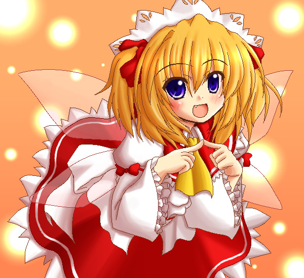 miiya, sunny milk, eastern and little nature deity, touhou, touhou sangetsusei, fingers together, bad id, bad pixiv id, 1girl, ascot, blonde hair, blue eyes, blush, bow, child, fairy, fairy wings, fang, female focus, frilled skirt, frills, index fingers together, long sleeves, open mouth, orange background, red ribbon, red skirt, ribbon, shirt, skirt, solo, twintails, two side up, white bow, white shirt, wings, yellow ascot