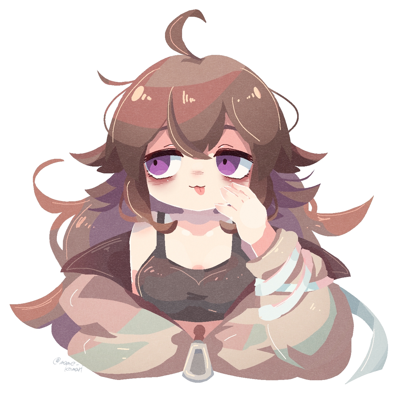 mame komari, original, commentary request, highres, 1girl, :3, ahoge, bags under eyes, bare shoulders, black shirt, brown hair, closed mouth, crop top, cropped shirt, cropped torso, double-parted bangs, grey jacket, hand up, jacket, long hair, long sleeves, messy hair, no lineart, off shoulder, purple eyes, shirt, simple background, sleeveless, sleeveless shirt, smile, solo, tongue, tongue out, twitter username, white background