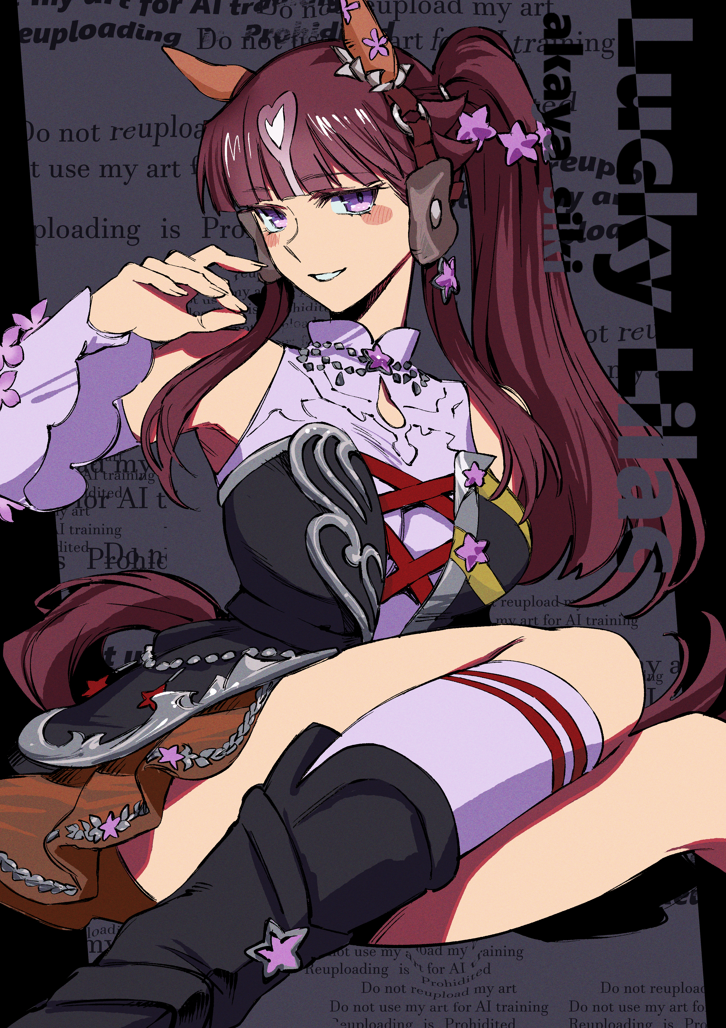 akaya shiki, lucky lilac (umamusume), umamusume, absurdres, commentary request, highres, 1girl, animal ears, black background, black boots, blush, boots, breasts, brown hair, character name, detached sleeves, ear covers, horse ears, horse girl, long hair, looking at viewer, medium breasts, purple eyes, purple sleeves, purple socks, side ponytail, smile, socks, solo, thighs