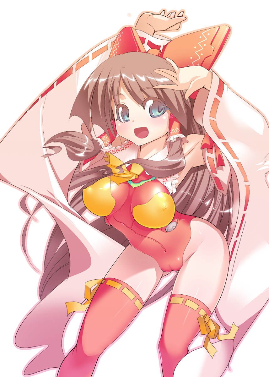 a-walk, fujishima, fujishima-sei ichi-gou, hakurei reimu, souryuu asuka langley, neon genesis evangelion, touhou, highres, 1girl, blue eyes, breasts, brown hair, cameltoe, cosplay, female focus, highleg, highleg leotard, leotard, long hair, mecha pilot suit, nipples, parody, plugsuit (evangelion), ribbon, solo, souryuu asuka langley (cosplay), thighhighs