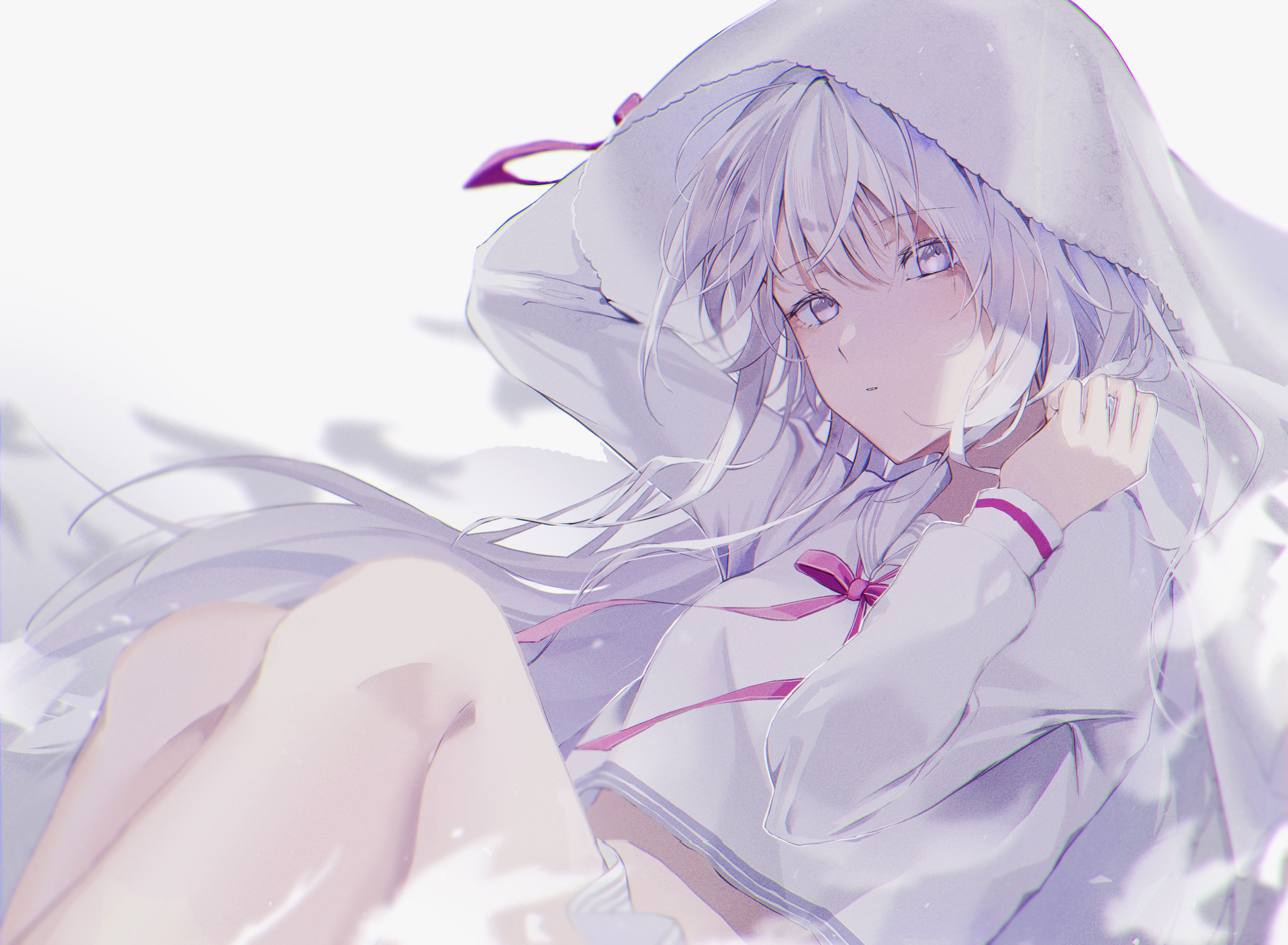 saksak mocchiri, hikari (arcaea), hikari (zero) (arcaea), arcaea, highres, 1girl, bridal veil, closed mouth, crop top, cropped shirt, from side, hair between eyes, holding, holding veil, long hair, long sleeves, looking to the side, pink eyes, pink ribbon, pleated skirt, ribbon, school uniform, serafuku, simple background, sitting, skirt, sleeves past wrists, solo, veil, white background, white hair, white serafuku, white skirt
