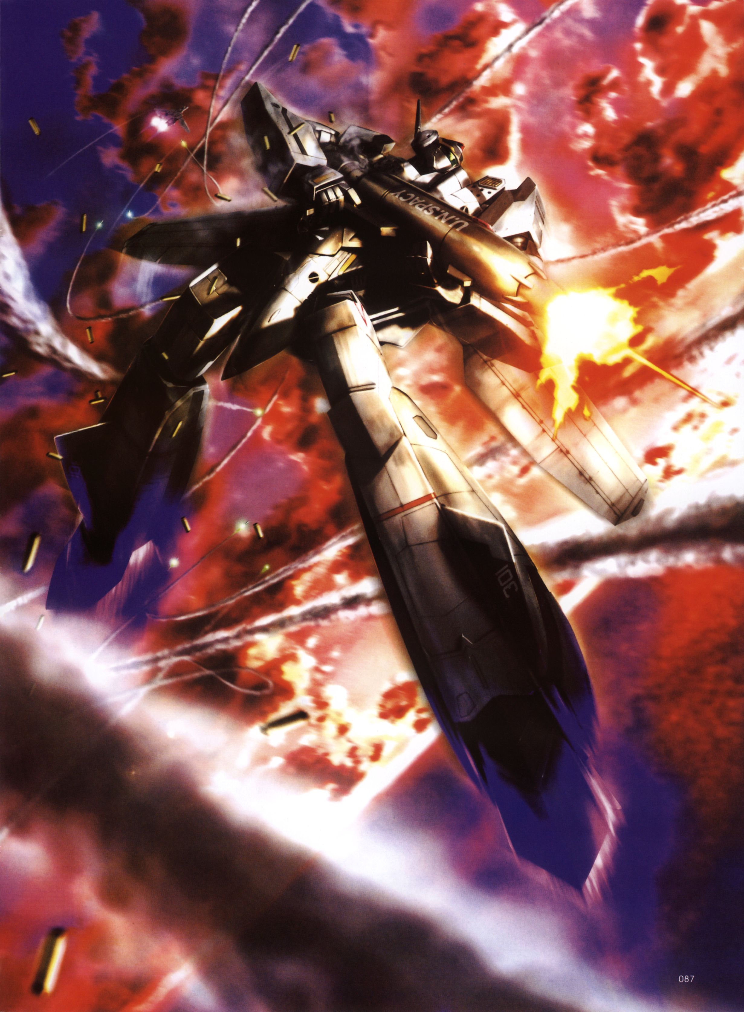 tenjin hidetaka, roy focker, vf-0, vf-0s, macross, macross zero, jet, absurdres, highres, official art, scan, 00s, aircraft, airplane, battle, contrail, epic, firing, gunpod, itano circus, mecha, muzzle flash, no humans, robot, science fiction, shell casing, u.n. spacy, wings