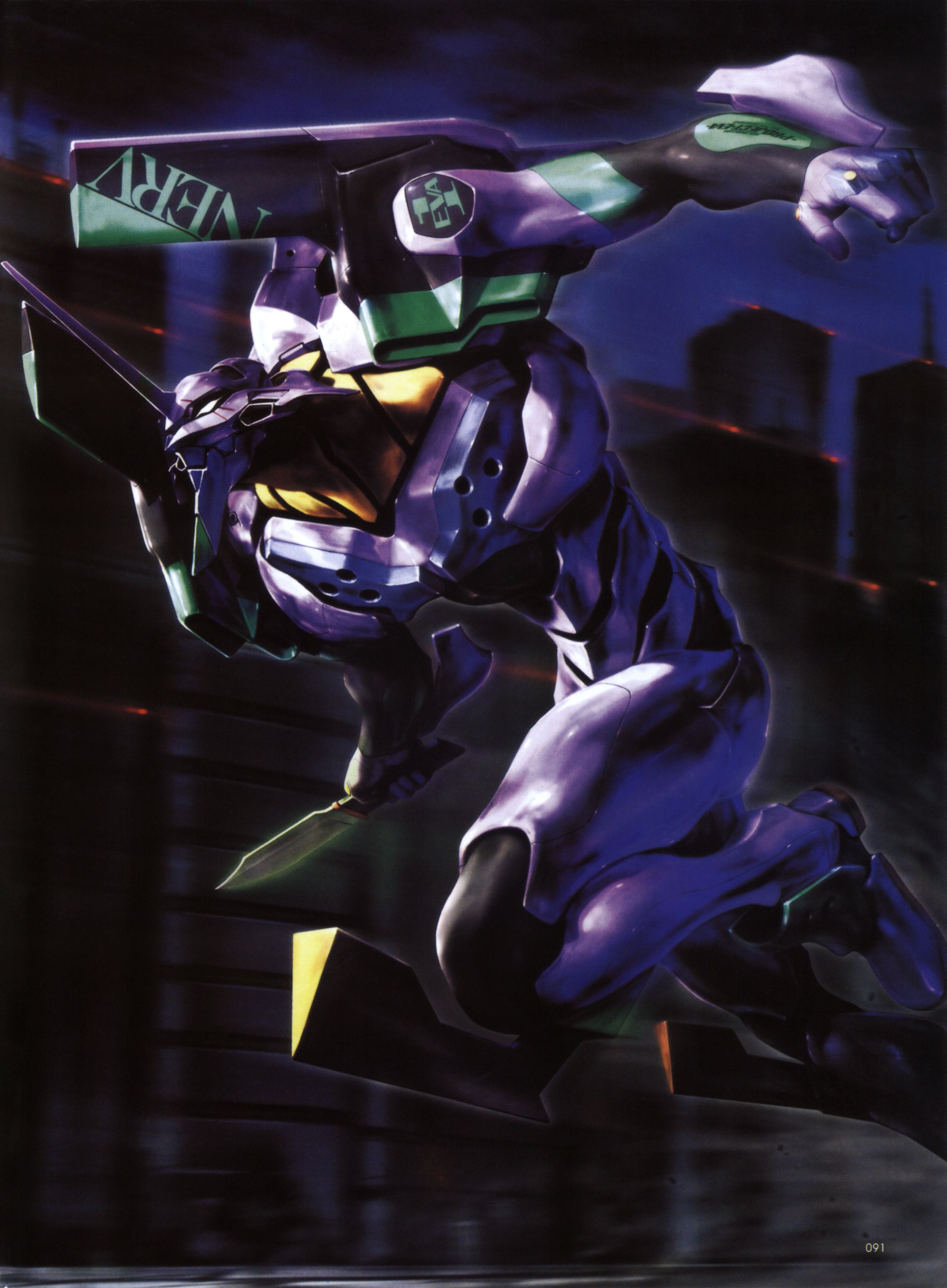 morishita naochika, eva 01, neon genesis evangelion, absurdres, highres, knife, mecha, mecha focus, no humans, robot, running