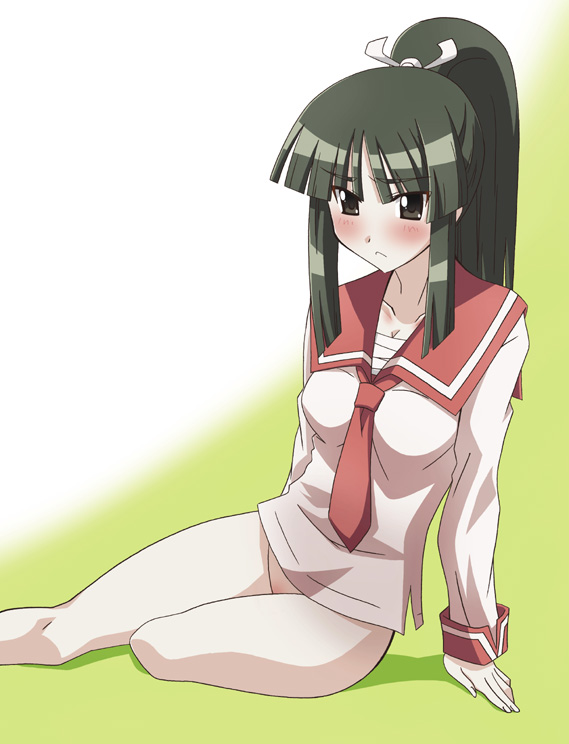 paopa ship, shiranui akeno, seto no hanayome, 00s, 1girl, black hair, blush, bottomless, breasts, brown eyes, cleavage, female focus, green hair, long hair, medium breasts, no pants, ponytail, school uniform, solo
