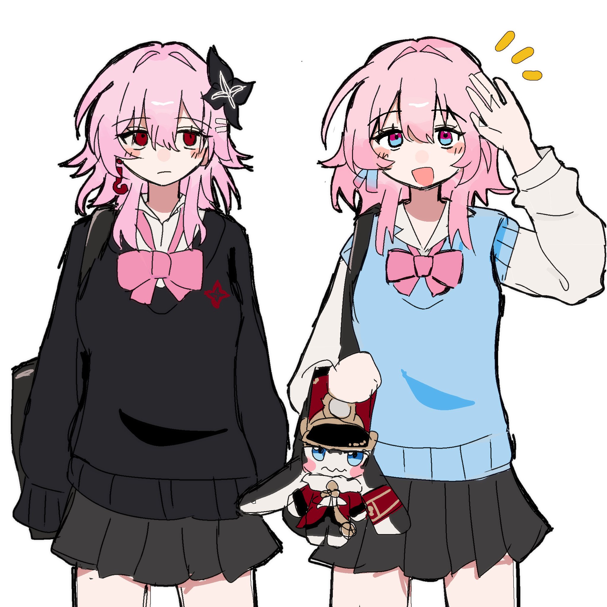 evernight (honkai: star rail), march 7th (honkai: star rail), march 7th (preservation) (honkai: star rail), pom-pom (honkai: star rail), honkai: star rail, honkai (series), highres, 2girls, :d, alternate costume, bag, black sweater, blush, bow, earrings, ggg sya, hair between eyes, hair ornament, hairclip, jewelry, multicolored eyes, multiple girls, open mouth, parallel hairclips, pink hair, red eyes, school uniform, shirt, shoulder bag, single earring, skirt, smile, sweater, sweater vest, two-tone eyes