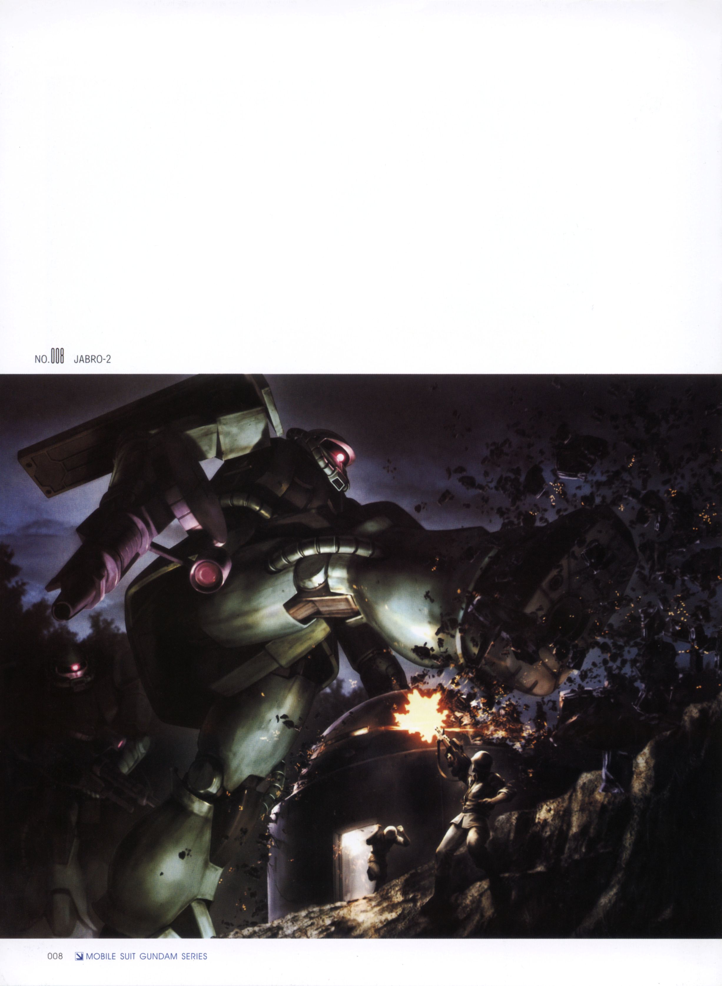 morishita naochika, zaku, zaku ii, zaku ii f/j, gundam, mobile suit gundam, absurdres, highres, official art, scan, 2boys, assault rifle, battle, debris, destruction, explosion, firing, gun, kicking, machine gun, mecha, military, military uniform, multiple boys, rifle, robot, size difference, soldier, weapon