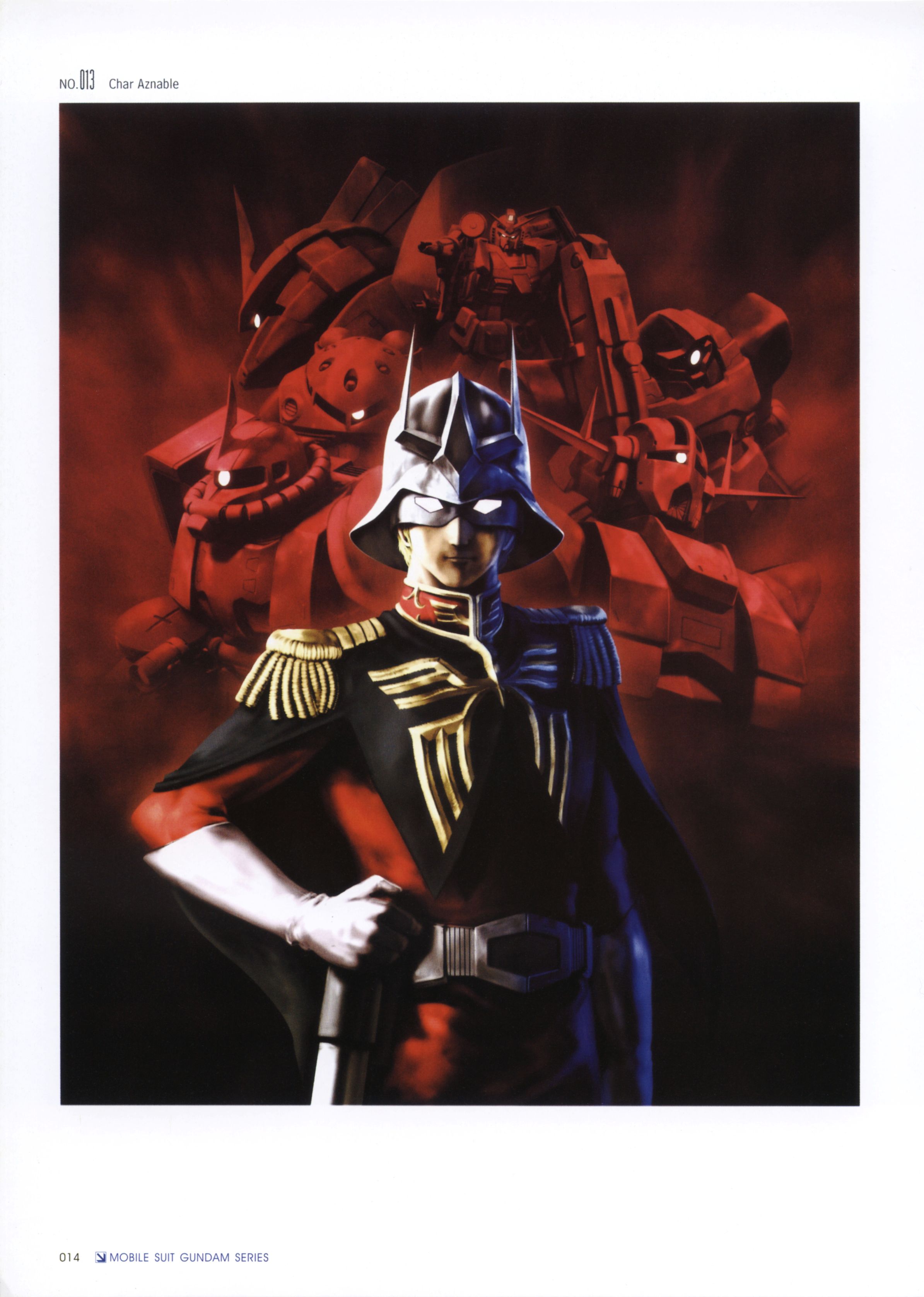 morishita naochika, char aznable, gelgoog, gelgoog s char custom, rick dom, rick dom char custom, rx-78-2 gundam, rx-78-2 gundam casval custom, z'gok char custom, zaku, zaku ii, zaku ii s char custom, zeong, gundam, mobile suit gundam, absurdres, highres, 1boy, cape, glowing, helmet, male focus, mask, mecha, military, military uniform, robot, solo