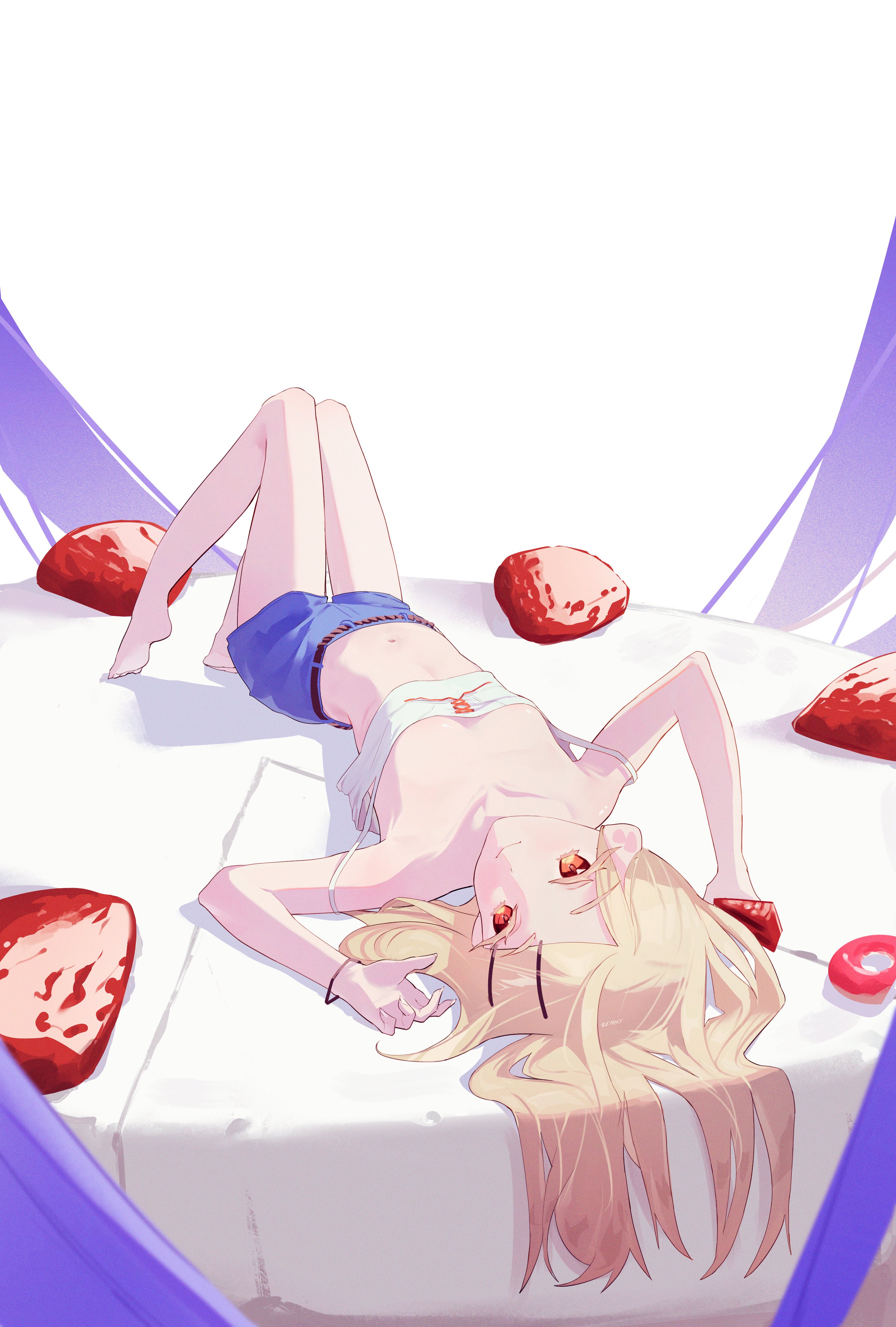 zennyxd, shinosawa hiro, gakuen idolmaster, idolmaster, absurdres, highres, 1girl, bare legs, bare shoulders, barefoot, blonde hair, blue shorts, bracelet, breasts, denim, denim shorts, food, fruit, hair ornament, hairclip, jeans, jewelry, long hair, lying, midriff, navel, on back, pants, parallel hairclips, red eyes, shorts, small breasts, solo, stomach, strap slip, strawberry, white background