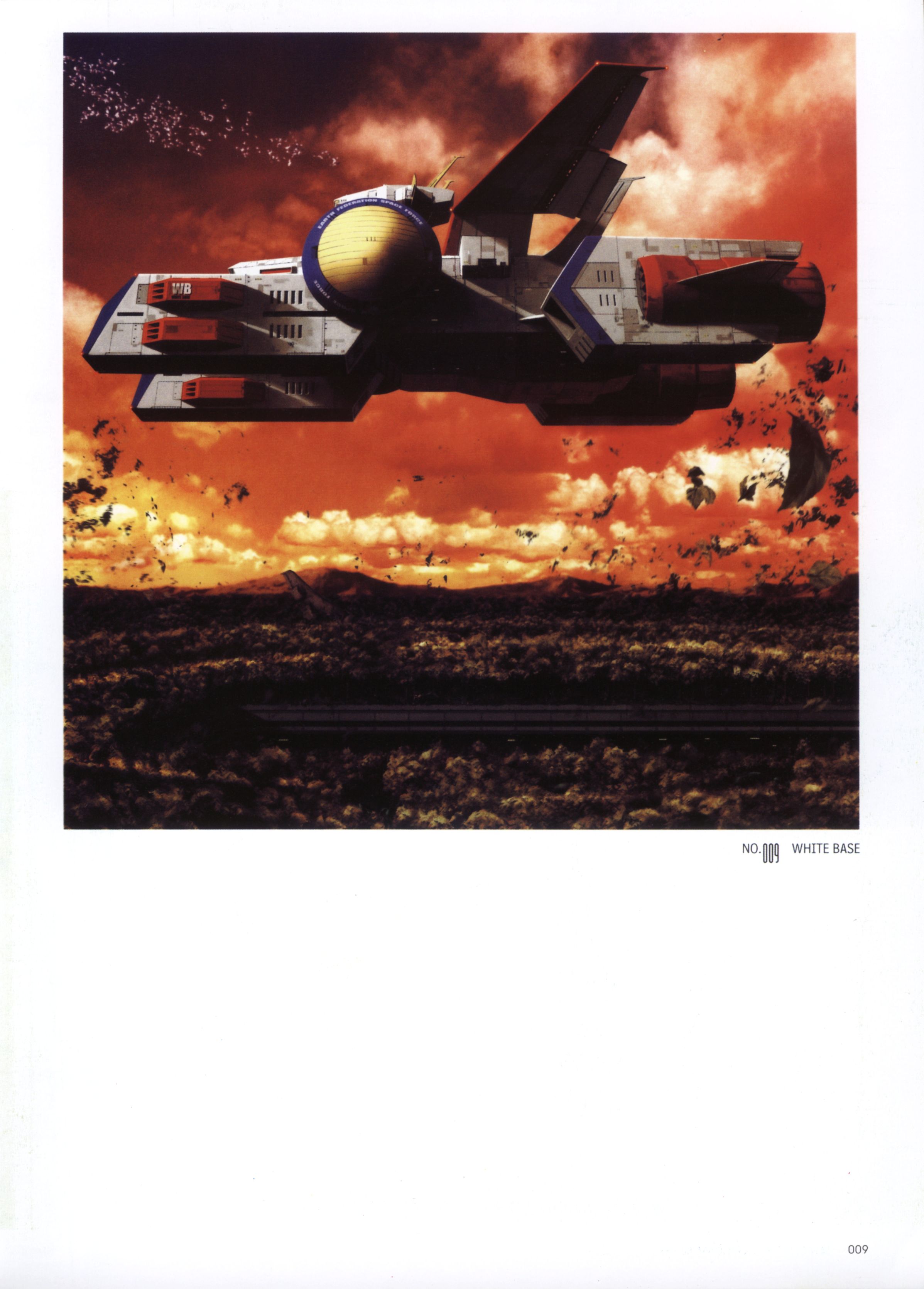 morishita naochika, white base, gundam, mobile suit gundam, absurdres, highres, scan, battleship, flying, forest, mecha, military, military vehicle, nature, no humans, robot, ship, spacecraft, vehicle focus, warship, watercraft