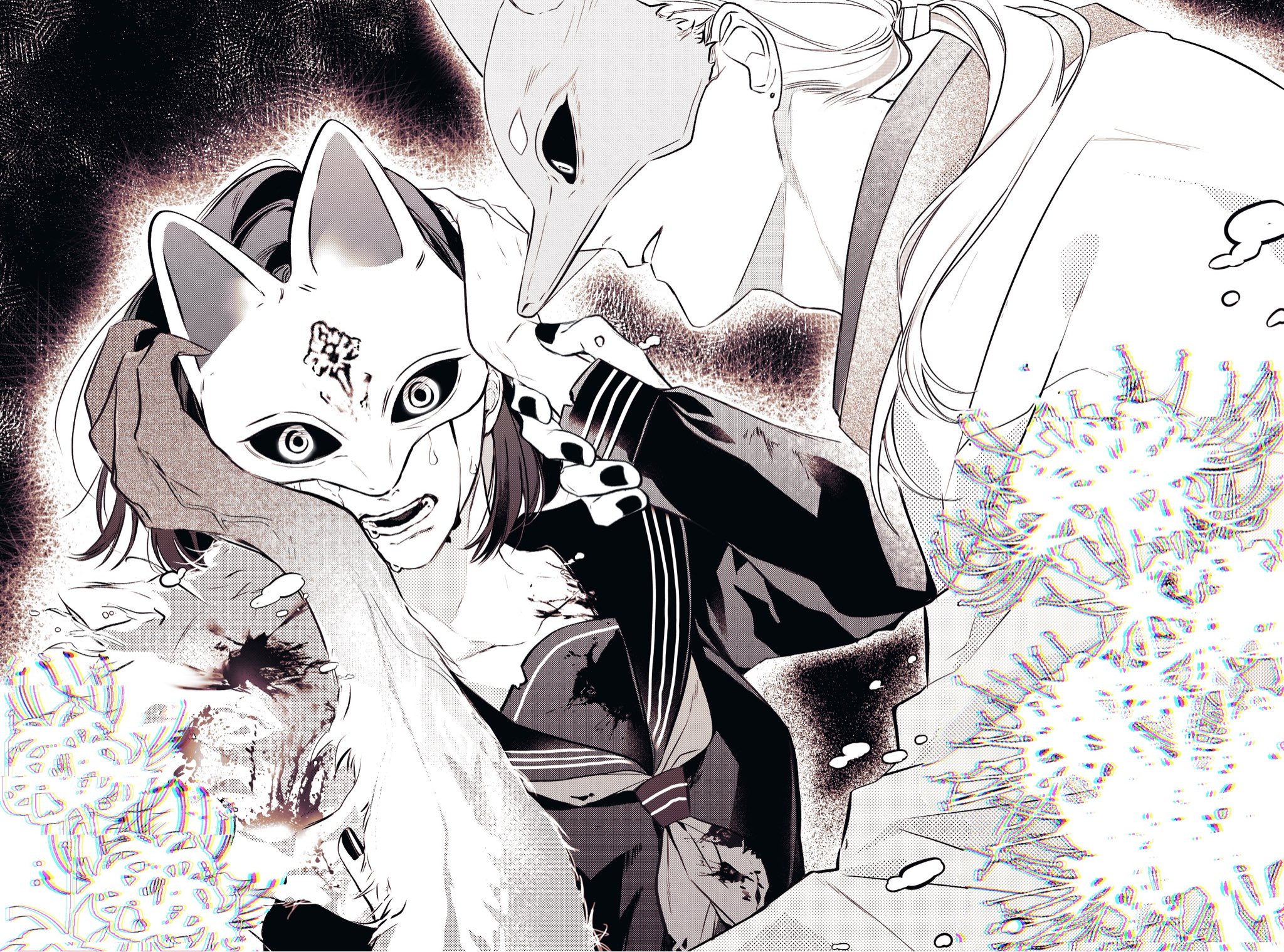hayashi 269, fox mask (silent hill), monster arm, shimizu hinako, silent hill (series), silent hill f, highres, 1boy, 1girl, black serafuku, flower, fox mask, japanese clothes, kimono, low ponytail, mask, mismatched arms, ponytail, robe, school uniform, serafuku, spider lily, torn sleeve