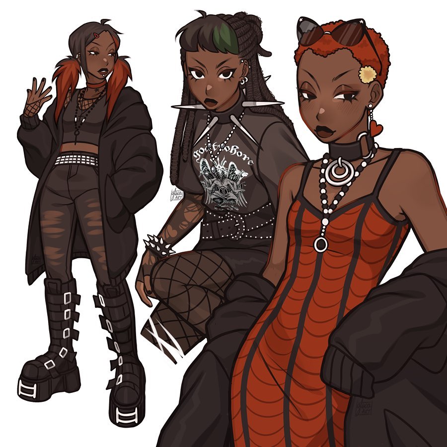 original, commentary, english commentary, 3girls, barbell piercing, bead necklace, beads, belt, black coat, black hair, black nails, black pants, boots, breasts, brown lips, choker, coat, collar, dark-skinned female, dark skin, dreadlocks, dress, ear piercing, earrings, face piercing, fishnet thighhighs, fishnets, gluca, green hair, hair ornament, hairclip, hand in pocket, heart, heart earrings, jewelry, knee boots, lip piercing, long hair, midriff, multicolored hair, multiple earrings, multiple girls, necklace, o-ring, o-ring choker, pants, piercing, red dress, short hair, small breasts, spiked collar, spikes, thighhighs, torn clothes, torn pants, torn sleeves, twintails, two-tone hair, very dark skin, very short hair