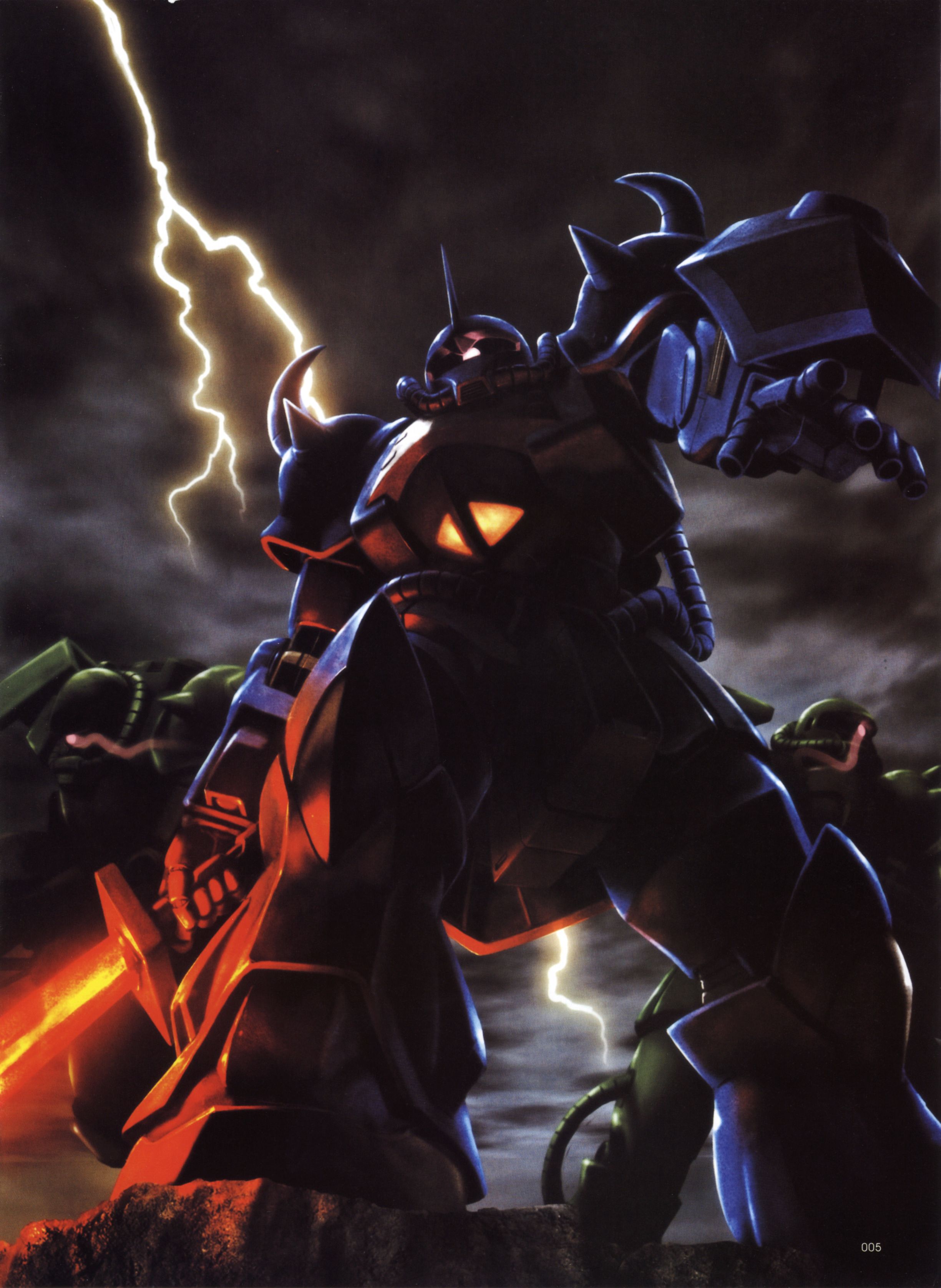 morishita naochika, gouf, zaku, zaku ii, zaku ii f/j, gundam, mobile suit gundam, absurdres, highres, scan, heat sword, lightning, mecha, no humans, outdoors, robot, shield, spikes, sword, weapon