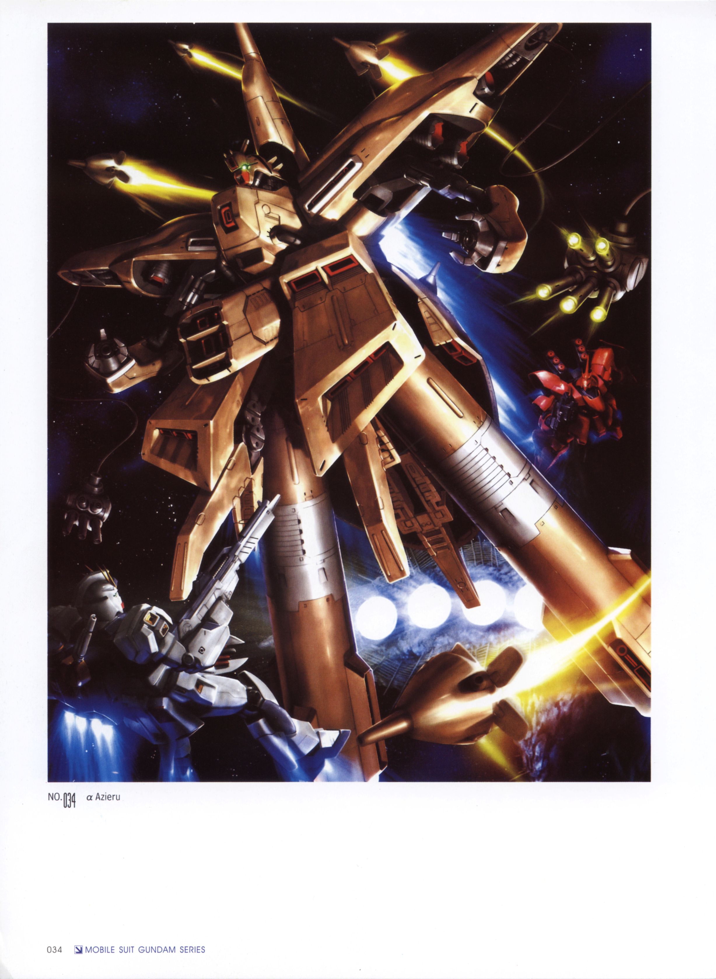morishita naochika, alpha azieru, axis (gundam), nu gundam, sazabi, char's counterattack, gundam, beam, absurdres, highres, funnels (gundam), gun, mecha, no humans, rifle, robot, space, weapon