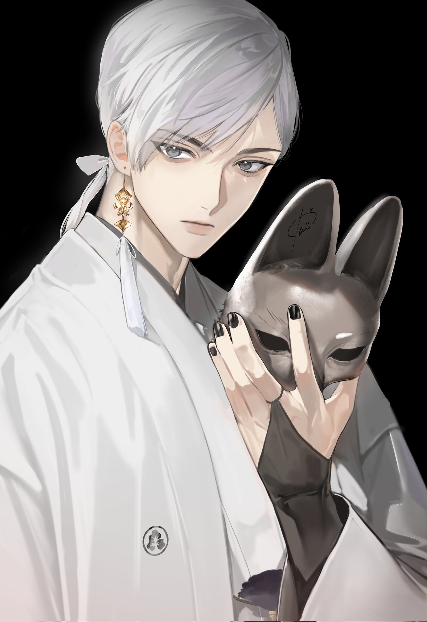 ttthasyu, fox mask (silent hill), silent hill (series), silent hill f, highres, 1boy, black sclera, colored sclera, earrings, fox mask, japanese clothes, jewelry, kimono, male focus, mask, removing mask, robe, solo, tassel, tassel earrings, white hair, white kimono, white robe