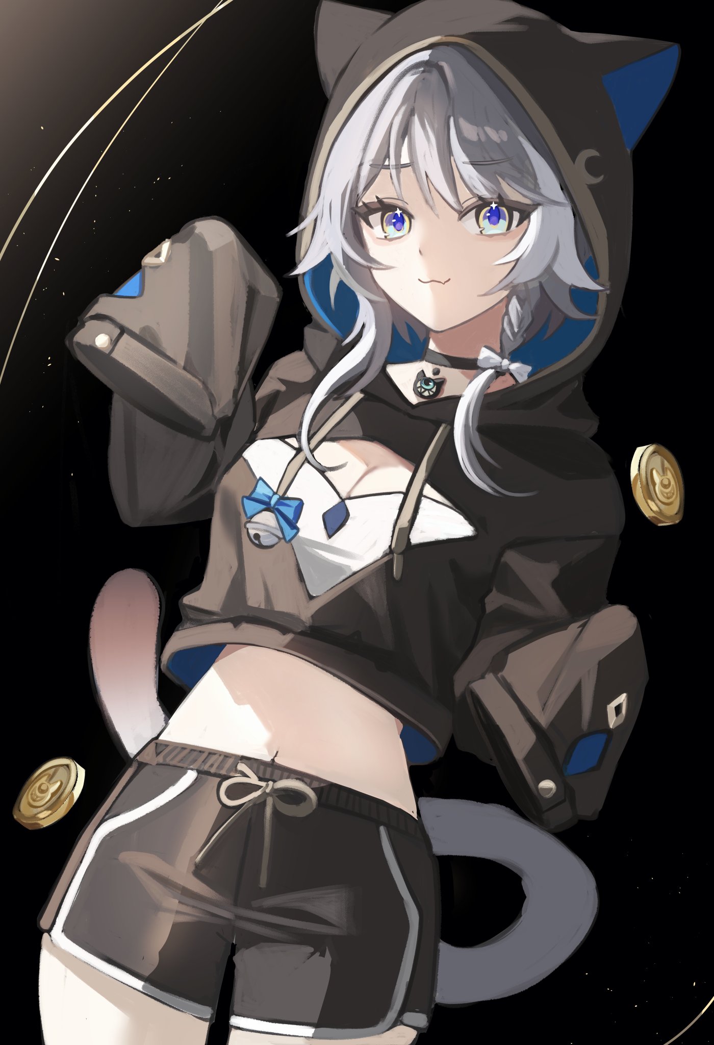 cipher (honkai: star rail), honkai: star rail, honkai (series), highres, 1girl, animal ears, black background, blue eyes, breasts, cat ears, cat girl, cat tail, choker, cleavage, clothing cutout, coin, cowboy shot, dolphin shorts, grey hair, hood, hoodie, medium breasts, midriff, multicolored eyes, pyeonhwa 07, shorts, tail, two-tone eyes, white streaks, yellow eyes