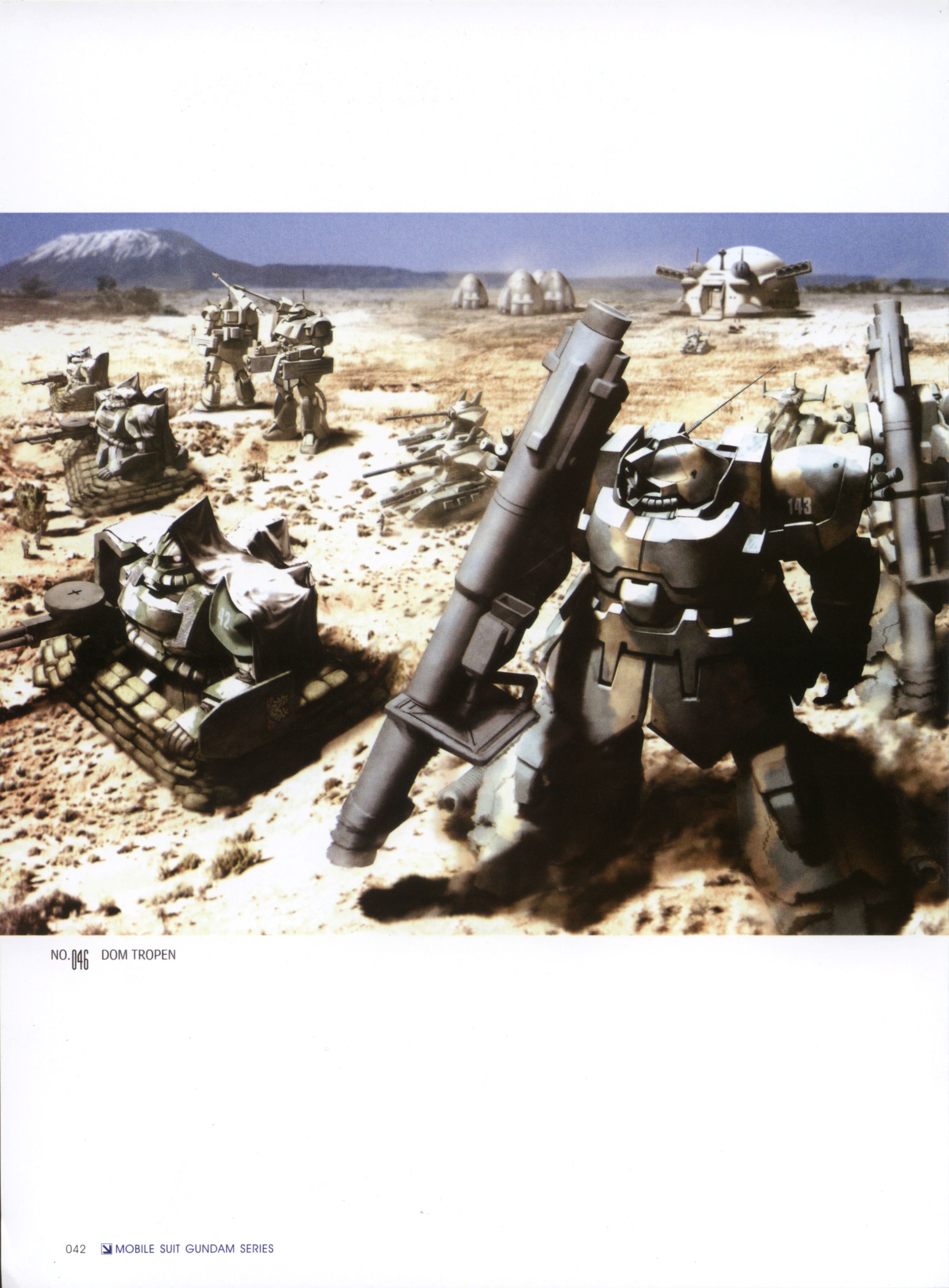 morishita naochika, dom (mobile suit), dom tropen, gallop, magella attack, zaku, zaku cannon, zaku ii, zaku ii f2, gundam, gundam 0083, vehicle, absurdres, highres, 1990s (style), desert, gun, landship, m1 bazooka, machine gun, mecha, military, military vehicle, motor vehicle, mountain, no humans, realistic, retro artstyle, robot, rocket launcher, science fiction, snow, spikes, tank, weapon