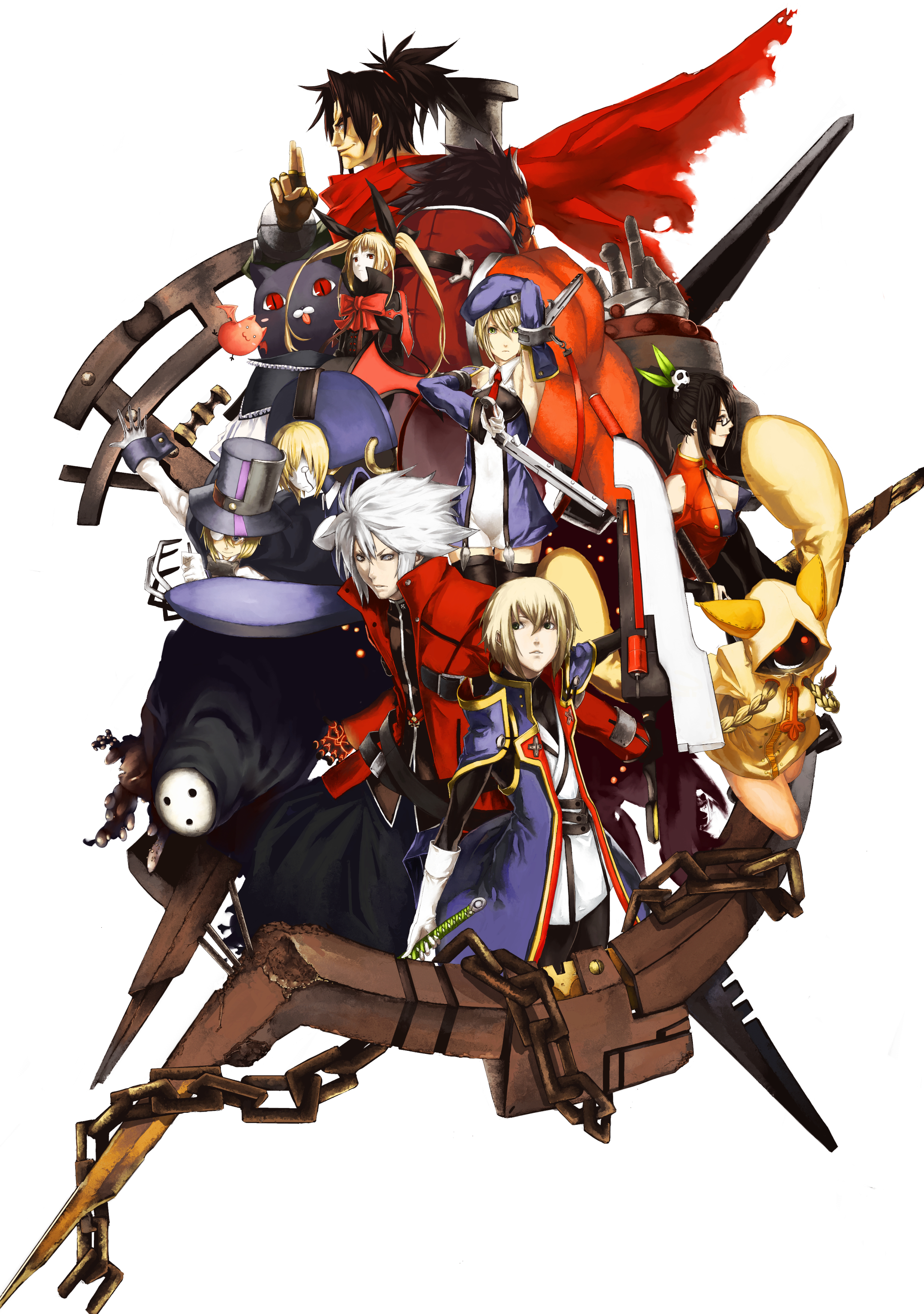 npa (sirokurokuma), arakune, carl clover, gii, iron tager, kisaragi jin, lao jiu, litchi faye ling, nago, nirvana (blazblue), noel vermillion, rachel alucard, ragna the bloodedge, shishigami bang, taokaka, arc system works, blazblue, blazblue: calamity trigger, absurdres, bad id, bad pixiv id, highres, 4girls, 5boys, bow, everyone, gun, handgun, multiple boys, multiple girls, red bow, thighhighs, weapon