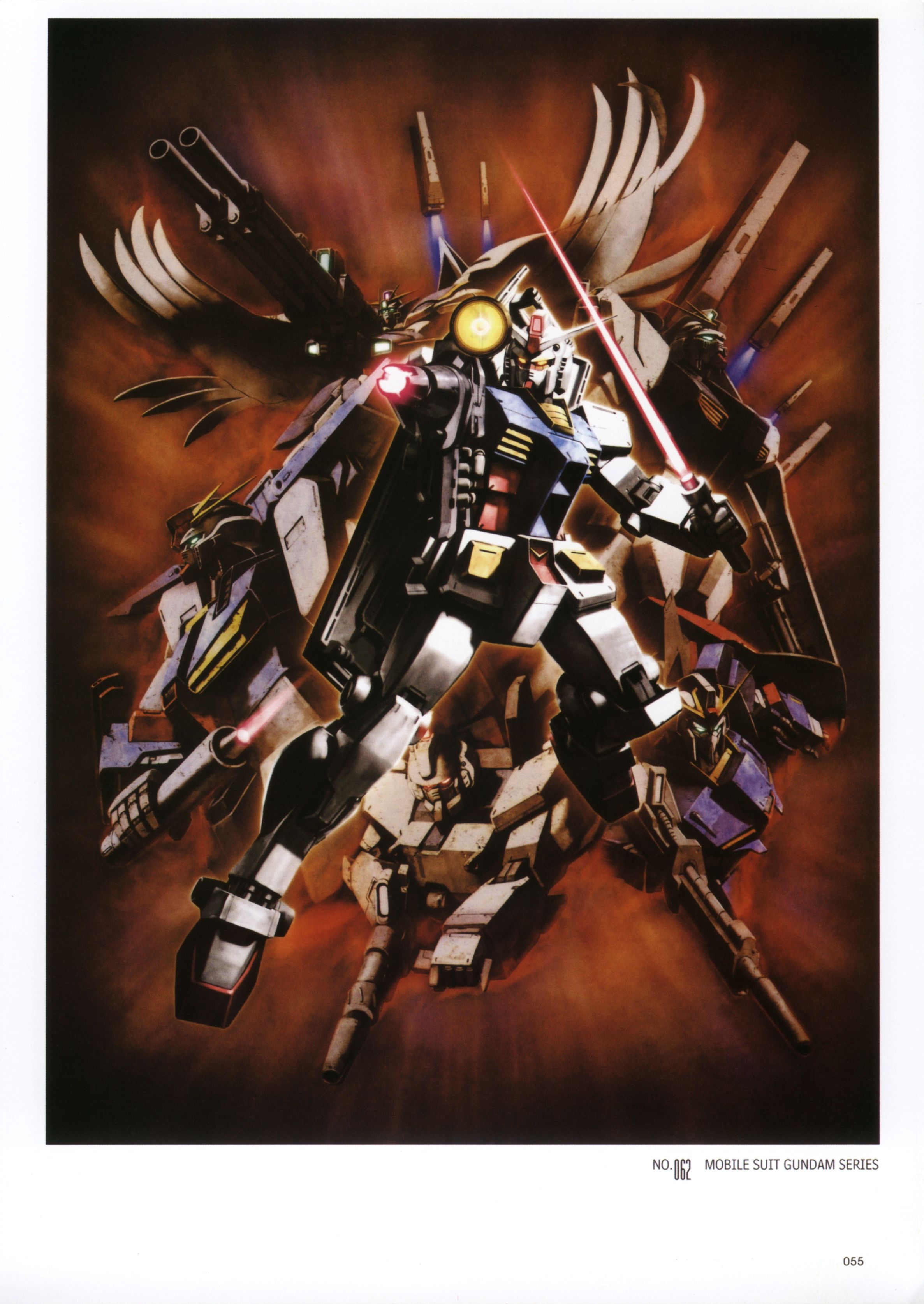 morishita naochika, ez-8 gundam, gundam ez8, nu gundam, rx-78-2 gundam, wing gundam zero custom, zeta gundam (mobile suit), zz gundam, char's counterattack, gundam, gundam 08th ms team, gundam sentinel, gundam wing, gundam zz, mobile suit gundam, zeta gundam, absurdres, highres, official art, scan, 1990s (style), beam rifle, energy gun, energy sword, gun, in-franchise crossover, mecha, no humans, retro artstyle, robot, shield, sword, weapon