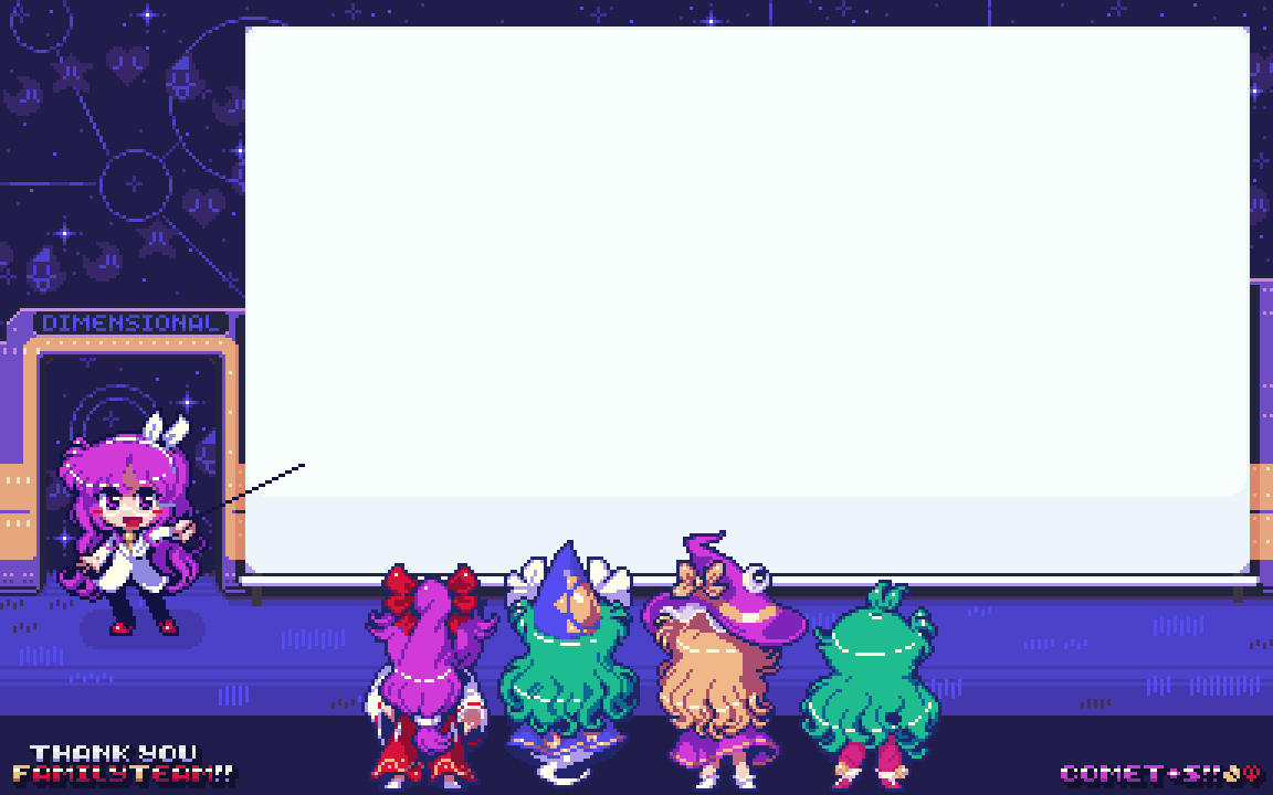 comet summoner98, asakura rikako, hakurei reimu, hakurei reimu (pc-98), kazami yuuka, kazami yuuka (pc-98), kirisame marisa, kirisame marisa (pc-98), mima (touhou), touhou, touhou (pc-98), commission, pixiv commission, 5girls, artist name, blonde hair, bow, bowtie, capelet, chibi, dress, english text, from behind, ghost tail, glasses, green hair, hair bow, hair ribbon, hair tubes, hat, hat bow, japanese clothes, lab coat, long hair, long sleeves, miko, multiple girls, open mouth, pants, pixel art, plaid clothes, plaid pants, plaid vest, pointer, purple dress, purple hair, purple hat, red bow, red eyes, red hair, ribbon, skirt, smile, vest, whiteboard, wide sleeves, witch hat, yellow bow