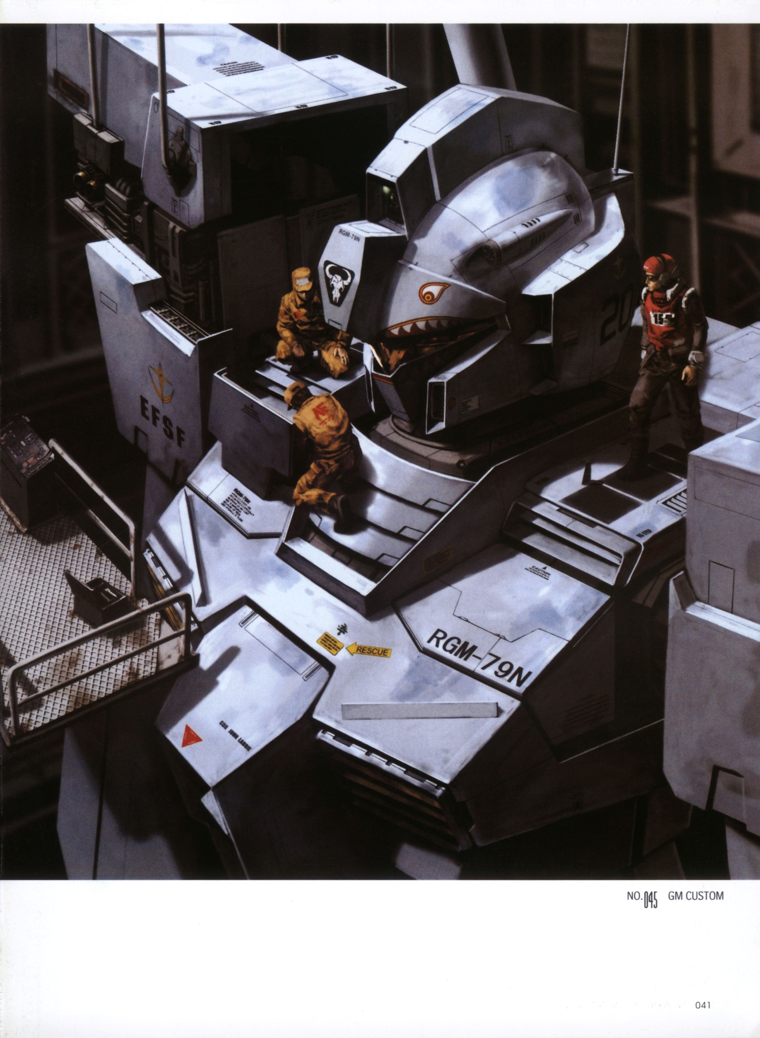 gm (mobile suit), gm custom, gundam, gundam 0083, absurdres, highres, 1990s (style), 3boys, hangar, hat, male focus, mecha, mechanic, multiple boys, realistic, retro artstyle, robot