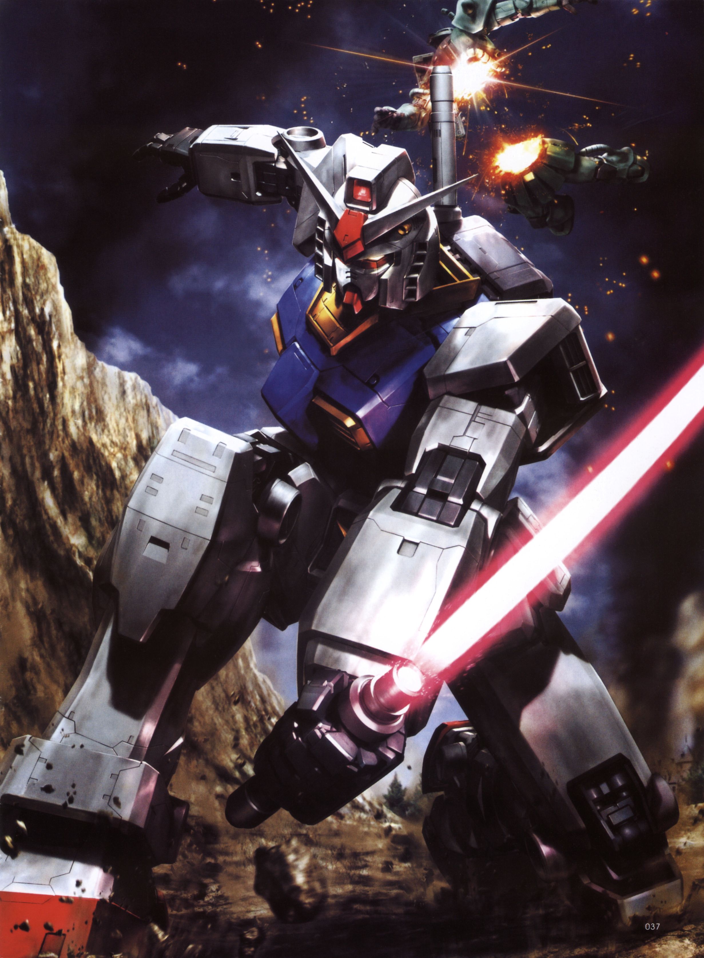 morishita naochika, rx-78-2 gundam, zaku, zaku ii, zaku ii f/j, gundam, mobile suit gundam, absurdres, highres, scan, battle, energy sword, explosion, mecha, no humans, robot, severed limb, smoke, sword, weapon
