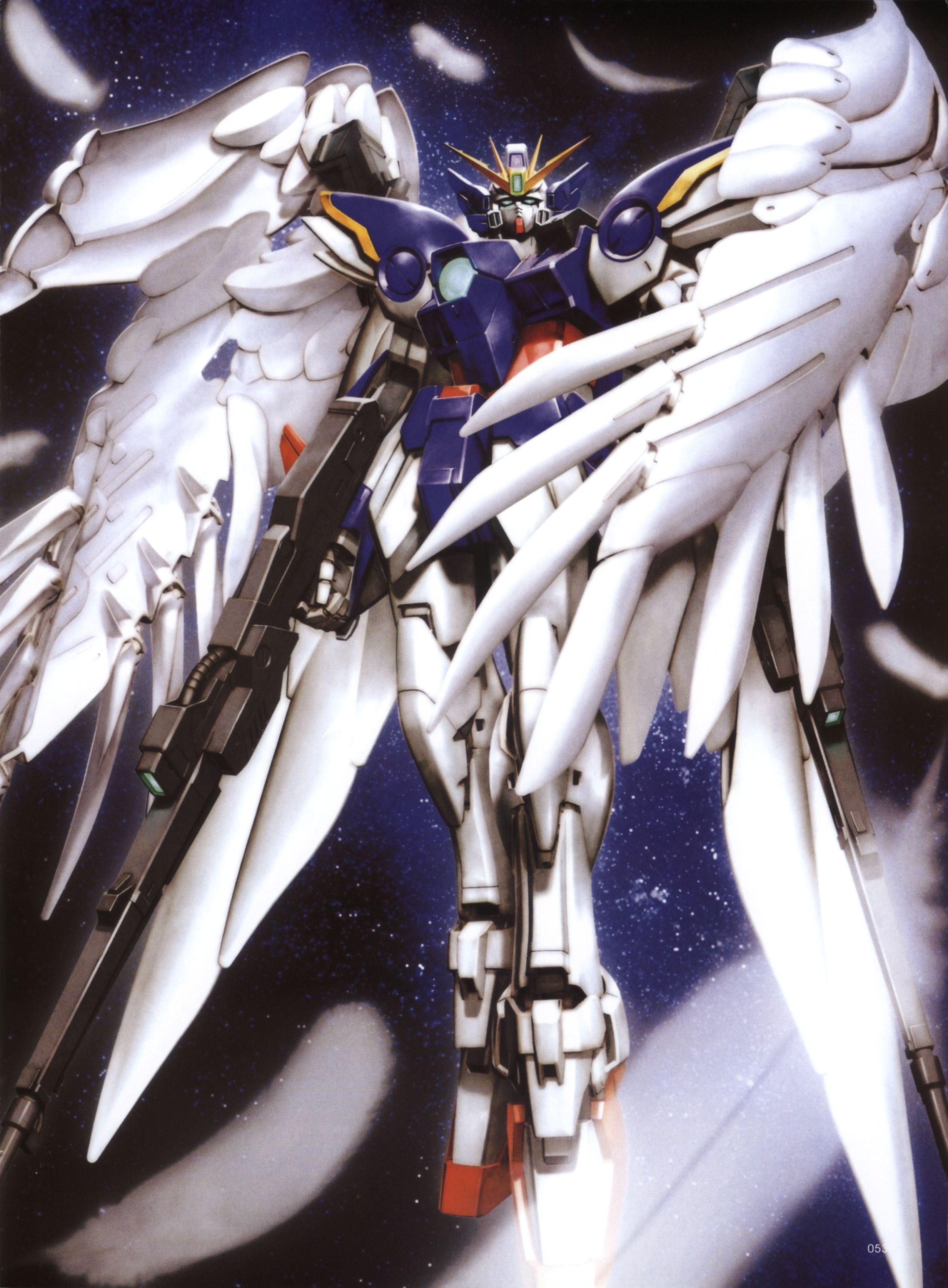 morishita naochika, wing gundam zero custom, gundam, gundam wing, gundam wing: endless waltz, absurdres, highres, scan, 1990s (style), beam rifle, energy gun, feathers, gun, mecha, no humans, retro artstyle, robot, weapon