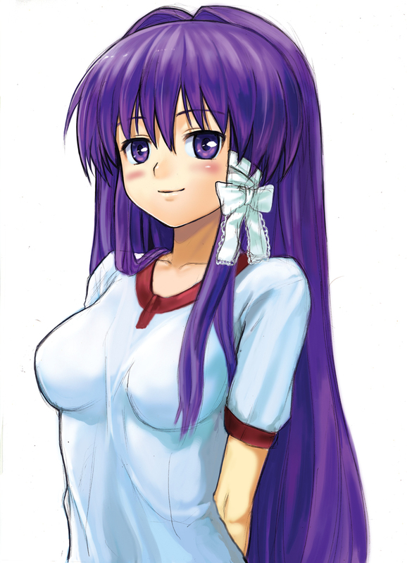 lasterk, fujibayashi kyou, clannad, 00s, 1girl, blush, breasts, female focus, gym uniform, long hair, medium breasts, purple eyes, purple hair, solo