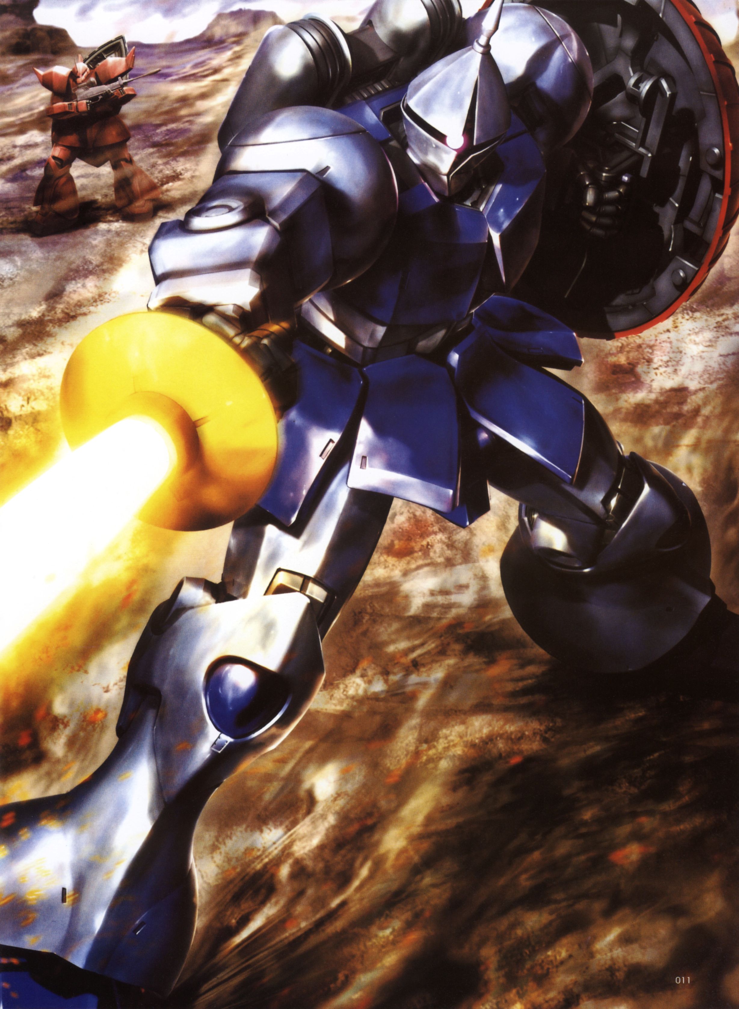 morishita naochika, gelgoog, gyan, gundam, mobile suit gundam, absurdres, highres, scan, gun, mecha, robot, shield, weapon