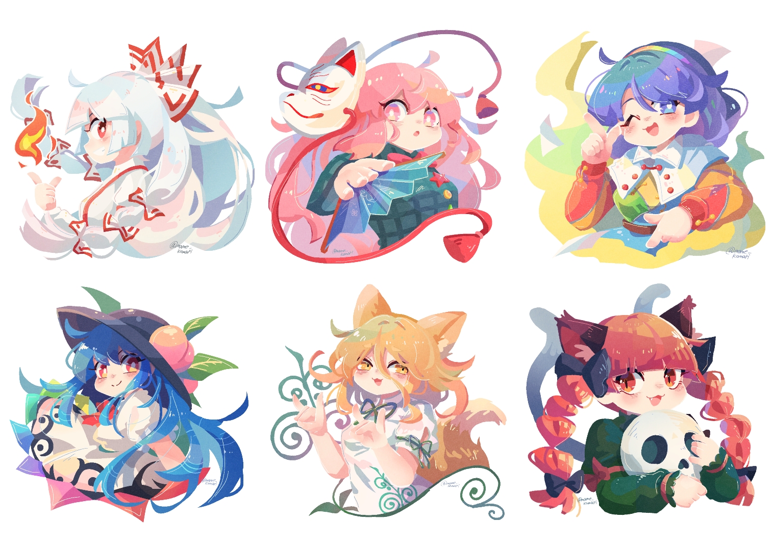 mame komari, fujiwara no mokou, hata no kokoro, hinanawi tenshi, kaenbyou rin, kudamaki tsukasa, tenkyuu chimata, touhou, commentary request, 6+girls, :3, :d, :o, ;d, ahoge, animal ears, aura, black hat, black ribbon, blonde hair, blue eyes, blue hair, blunt bangs, bow, bowtie, braid, capelet, cat ears, cat girl, cat tail, closed mouth, cropped arms, cropped legs, cropped torso, fang, fire, food, fox ears, fox girl, fox mask, fox shadow puppet, fox tail, from side, fruit, fruit hat ornament, green ribbon, green shirt, green skirt, grin, hair between eyes, hair bow, hairband, hand fan, hands up, hat, holding, holding fan, holding skull, long hair, long sleeves, looking at viewer, mask, mask on head, medium hair, multicolored hairband, multicolored shirt, multiple girls, multiple tails, neck ribbon, no lineart, one eye closed, open mouth, orange eyes, patchwork clothes, peach, peach hat ornament, pink eyes, pink hair, plaid clothes, plaid shirt, pointing, pointing down, pointing up, profile, puffy short sleeves, puffy sleeves, rainbow gradient, rainbow order, red bow, red bowtie, red eyes, red hair, ribbon, shirt, short sleeves, sideways mouth, simple background, skirt, skull, slit pupils, smile, split mouth, star (symbol), suspenders, tail, twin braids, twitter username, two-tone bow, two tails, very long hair, white background, white bow, white capelet, white hair, white shirt