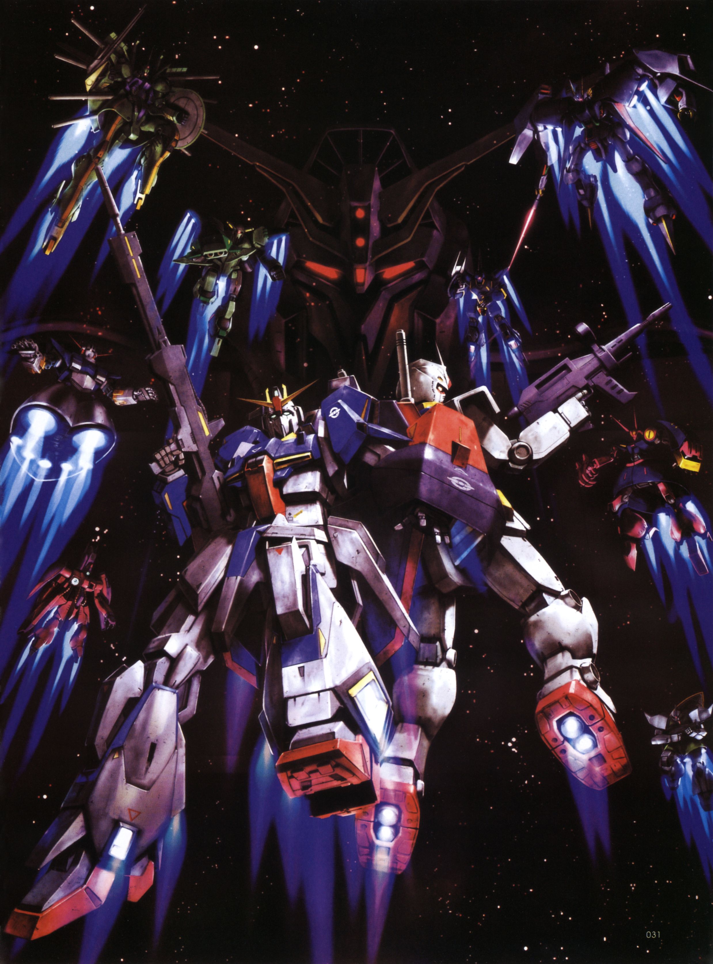 morishita naochika, barzam, baund doc, bolinoak sammahn, byalant, byarlant, gaza-c, gelgoog, palace athene, psycho gundam mk ii, rx-78-2 gundam, zeong, zeta gundam (mobile suit), gundam, mobile suit gundam, zeta gundam, absurdres, highres, back-to-back, beam rifle, energy gun, epic, glowing, gun, mecha, mecha focus, no humans, robot, shield, space, time paradox, weapon