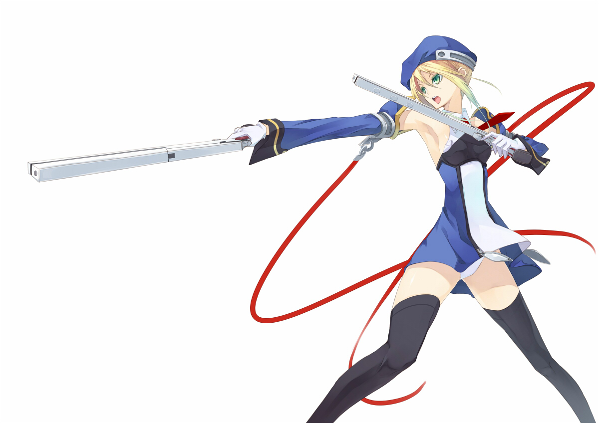 shingo (missing link), noel vermillion, arc system works, blazblue, 1girl, armpits, beret, black thighhighs, blonde hair, detached sleeves, dress, female focus, green eyes, gun, hat, necktie, panties, pantyshot, short dress, short hair, solo, thighhighs, underwear, weapon, white panties, zettai ryouiki