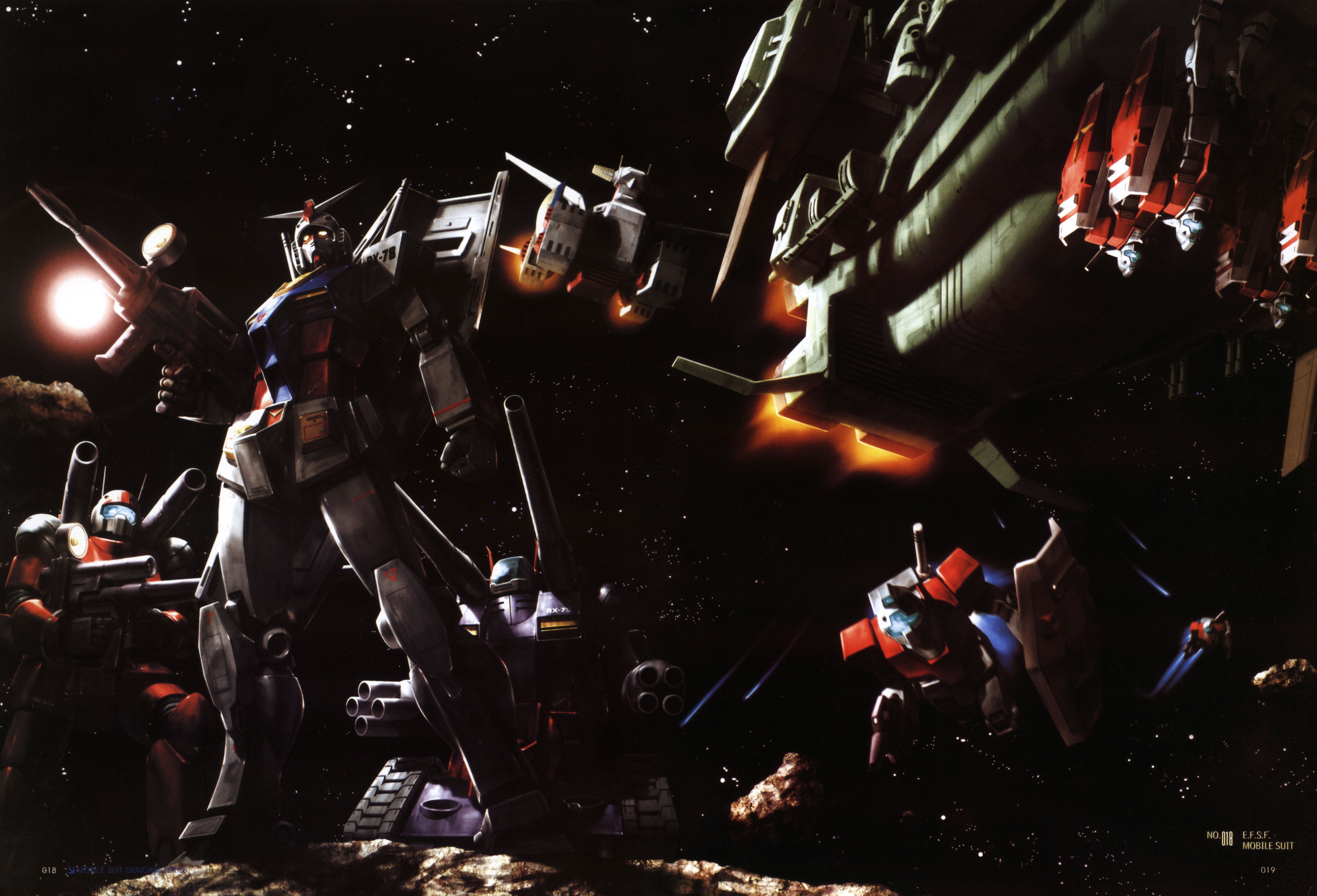 morishita naochika, gm (mobile suit), guncannon, guntank, magellan (gundam), rx-78-2 gundam, white base, gundam, mobile suit gundam, absurdres, highres, official art, scan, beam rifle, dark, energy gun, gun, mecha, no humans, robot, shield, space, spacecraft, weapon