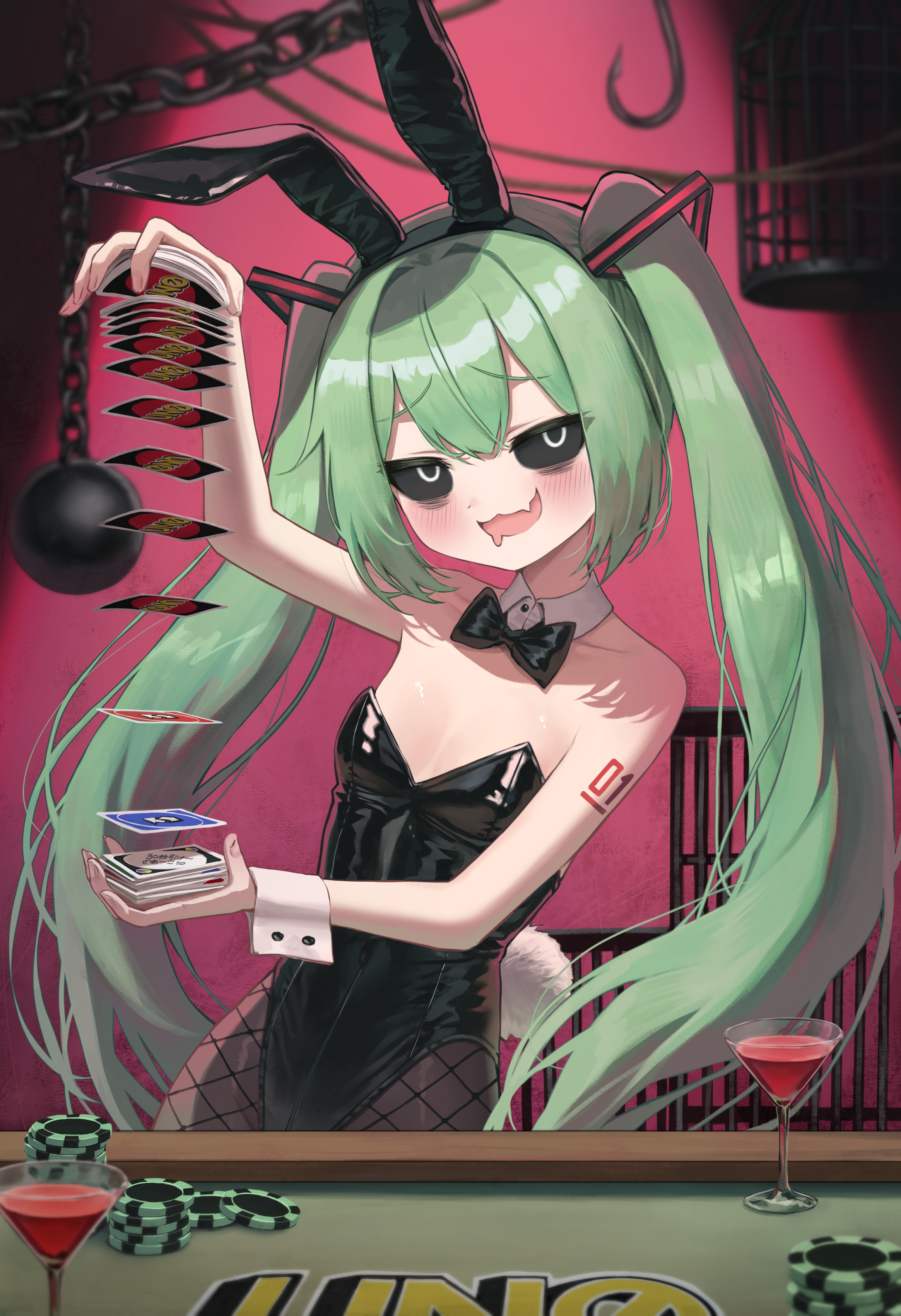 superpig, hatsune miku, mimukauwa nice try (vocaloid), uno (game), vocaloid, absurdres, highres, 1girl, animal ears, bare shoulders, black leotard, black pantyhose, black sclera, blush, breasts, card, casino card table, colored sclera, detached collar, fake animal ears, fishnet pantyhose, fishnets, green hair, leotard, long hair, looking at viewer, open mouth, pantyhose, playboy bunny, small breasts, solo, table, twintails, very long hair, wrist cuffs