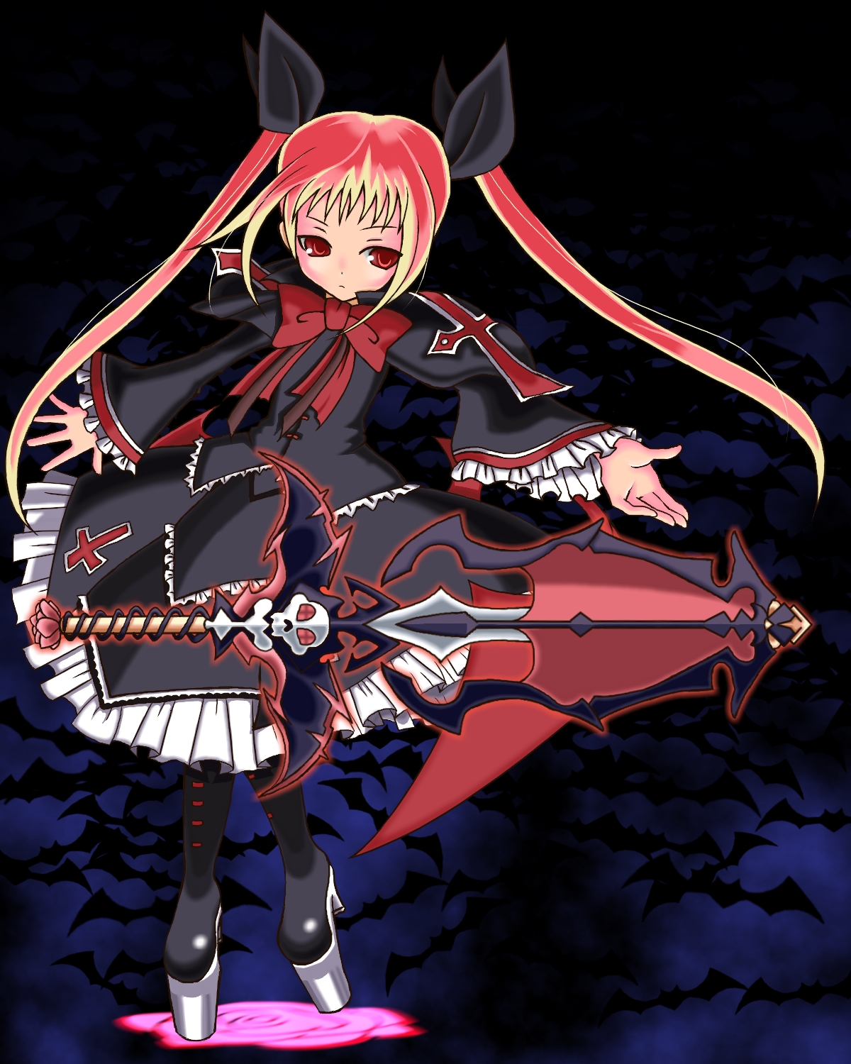 kanora, ryuta, rachel alucard, arc system works, blazblue, bad id, bad pixiv id, highres, 1girl, blonde hair, bow, female focus, gothic lolita, lolita fashion, platform shoes, red bow, shoes, solo, twintails