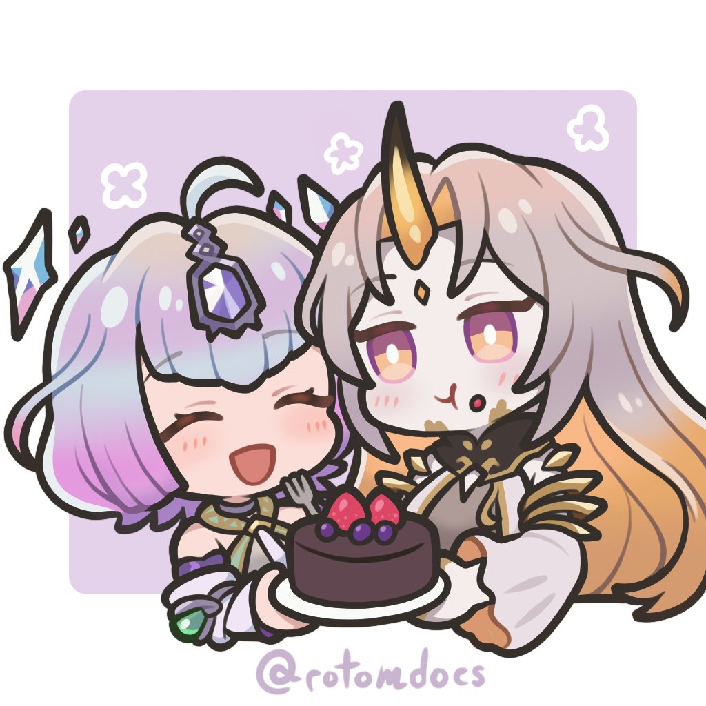 rotomdocs, gullveig (fire emblem), seidr (fire emblem), fire emblem, fire emblem heroes, nintendo, commentary, english commentary, 2girls, blonde hair, blush, border, cake, chibi, chibi only, chocolate cake, closed eyes, colored inner hair, cropped torso, food, food on face, grey background, grey hair, horns, multicolored hair, multiple girls, open mouth, outside border, single horn, smile, two-tone hair, white border, yellow eyes, yellow horns