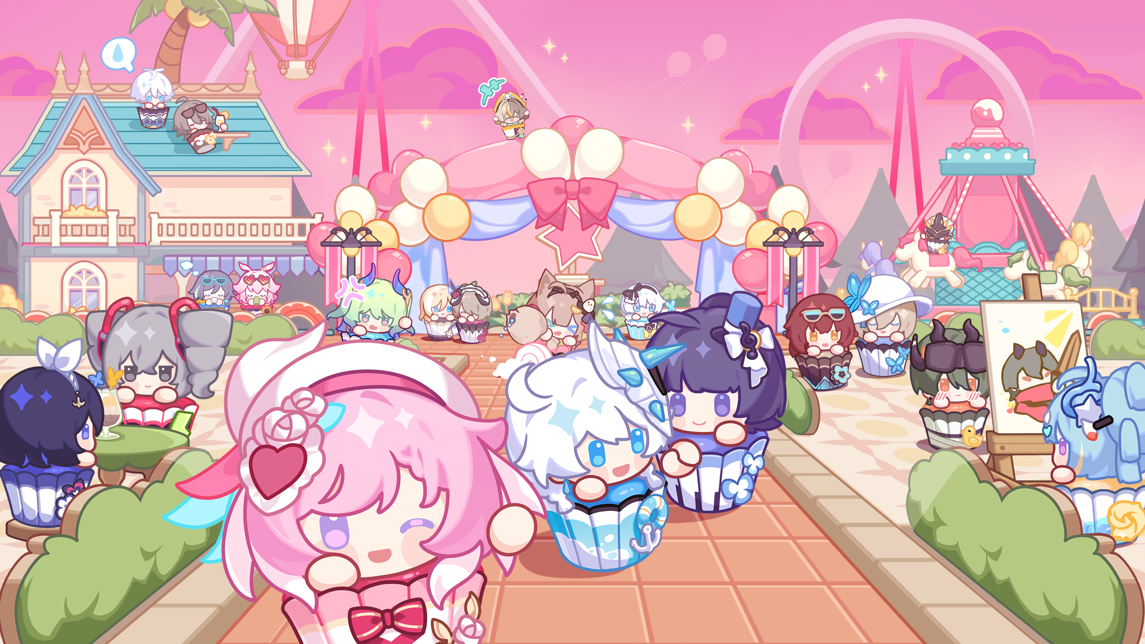 aponia, bronya zaychik, durandal (honkai impact), durandal (palatinus equinox) (honkai impact), eden (honkai impact), elysia (hi love elf) (honkai impact), elysia (honkai impact), fu hua, griseo, griseo (starry impression), kalpas (honkai impact), kevin kaslana, kiana kaslana, kosma, mobius (honkai impact), pardofelis, raiden mei, rita rossweisse, seele vollerei, su (honkai impact), theresa apocalypse, vill-v, yae sakura, honkai (series), honkai impact 3rd, absurdres, highres, official art, ahoge, amusement park, anger vein, balloon, blonde hair, blue eyes, brown hair, carousel, cat girl, chibi, cupcake, ferris wheel, food, goggles, goggles on head, green hair, grey eyes, grey hair, hat, horns, house, long hair, multiple boys, multiple girls, one eye closed, perspective, pink hair, pink sky, purple eyes, short hair, sky