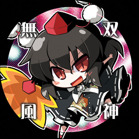 akaneya, shameimaru aya, touhou, bad id, bad pixiv id, lowres, 1girl, chibi, female focus, hat, looking at viewer, open mouth, smile, solo