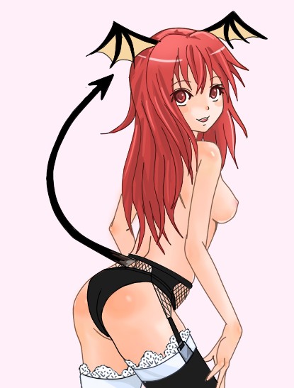 nayo (arisanaaya), koakuma, embodiment of scarlet devil, touhou, bad id, bad pixiv id, 1girl, ass, bat wings, black panties, black thighhighs, breasts, demon, demon girl, demon tail, female focus, garter belt, head wings, lingerie, long hair, medium breasts, nipples, panties, red eyes, red hair, solo, tail, thighhighs, topless female, underwear, underwear only, wings