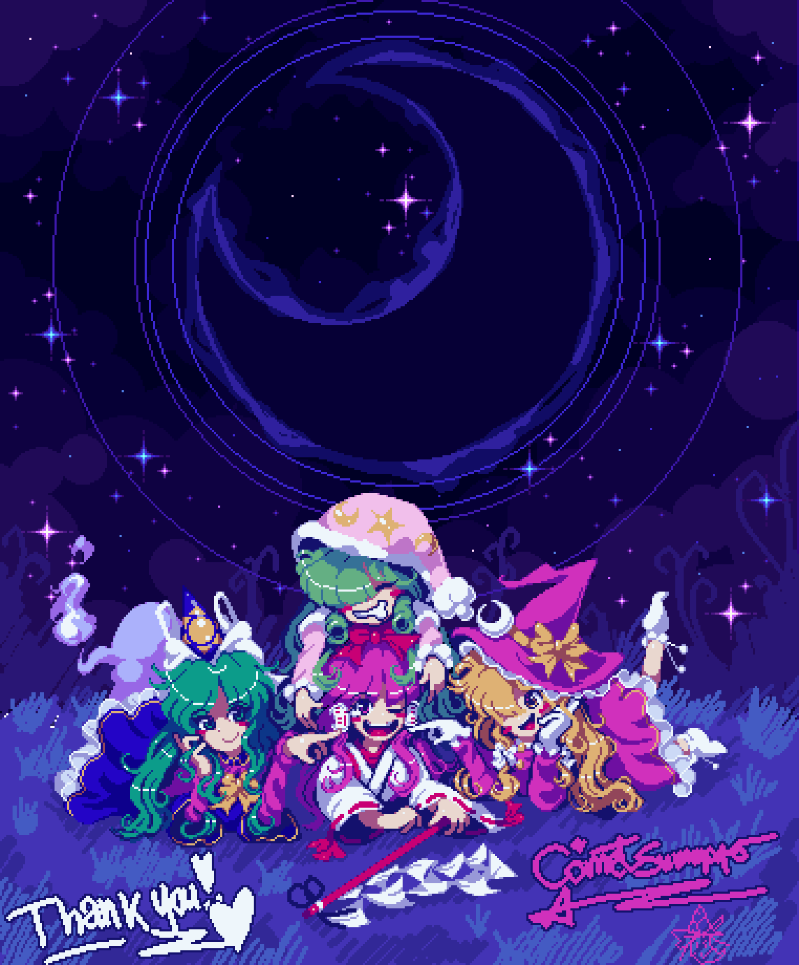 comet summoner98, asakura rikako, hakurei reimu, hakurei reimu (pc-98), kazami yuuka, kazami yuuka (pc-98), kirisame marisa, kirisame marisa (pc-98), mima (touhou), touhou, touhou (pc-98), commission, highres, pixiv commission, 4girls, artist name, blonde hair, bow, capelet, crescent moon, dress, frills, ghost tail, gohei, green eyes, green hair, hair bow, hakama, hat, hat bow, japanese clothes, kimono, long hair, long sleeves, lying, medium hair, miko, moon, multiple girls, nightcap, open mouth, pajamas, pink pajamas, pixel art, purple hair, purple hat, ribbon, skirt, sleeping, smile, wide sleeves, witch hat, wizard hat, yellow eyes