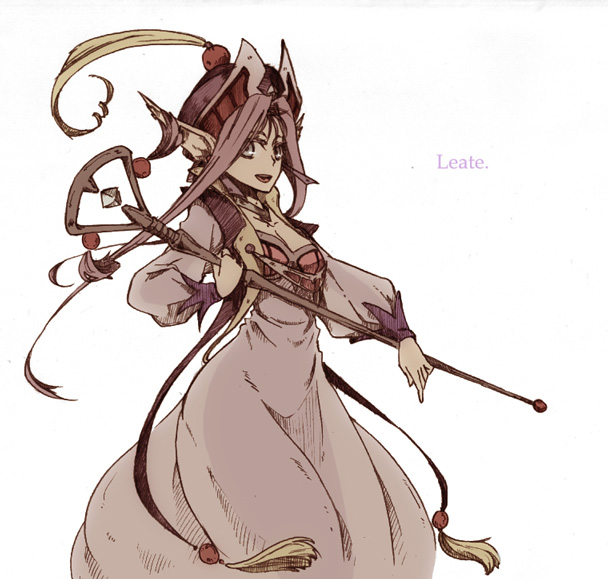takara (lvg), liete (grandia), game arts, grandia, grandia i, 1girl, :d, dress, earrings, female focus, hat, jewelry, long hair, long sleeves, open mouth, pointy ears, puffy sleeves, purple dress, purple hair, simple background, smile, solo, staff, white background